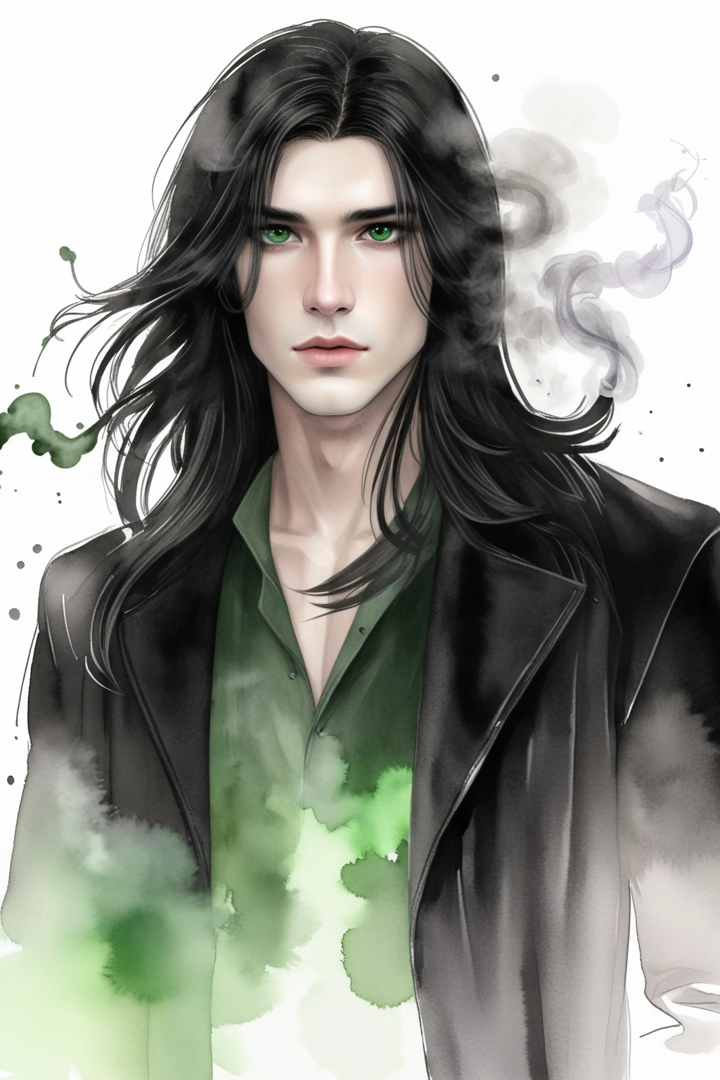 Dreamscape male, pale skin, black long hair, green eyes, clothes in black leather coat, smoking, portrait, watercolor <lora:HungerXL:0.9> hunger . Surreal, ethereal, dreamy, mysterious, fantasy, highly detailed