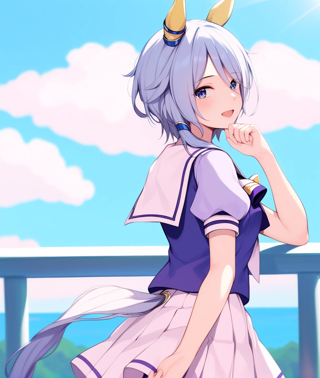 score_9, score_8_up, score_7_up, source_anime, 2D, anime BREAK
tracen_uniform, 1girl, solo, looking at viewer, blush, smile, short hair, open mouth, bangs, blue eyes, skirt, shirt, bow, animal ears, school uniform, tail, short sleeves, grey hair, pleated skirt, outdoors, sky, day, puffy sleeves, looking back, cloud, sailor collar, from behind, blue sky, puffy short sleeves, white skirt, horse ears, horse girl, horse tail, low ponytail, purple shirt, tracen school uniform, ear covers, <lora:K.S.Miracle-ponyXL:1>,