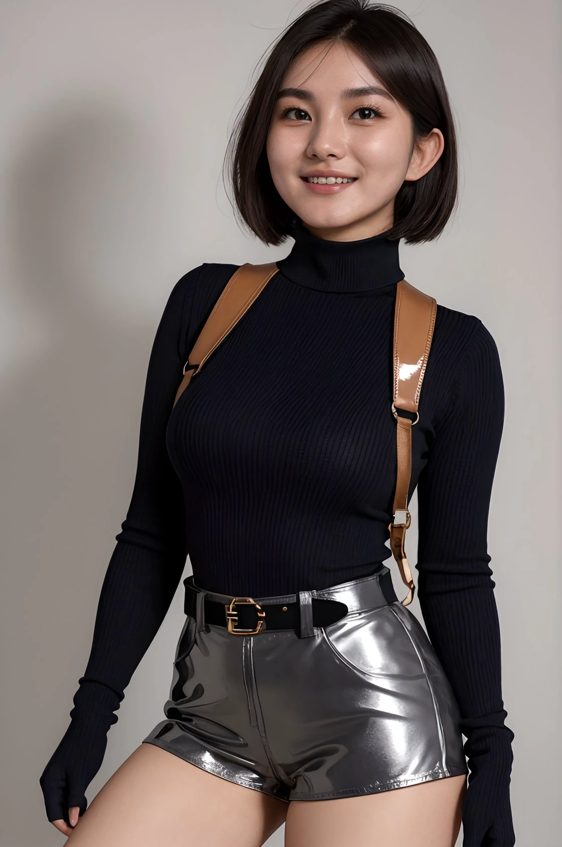 <lora:Maria_Zhang:1> maria_zhang, 
 <lora:Sweater_Shorts_By_Stable_Yogi:0.8> bright sweater, turtleneck, harness, pantyhose, gloves, belt, latex shorts