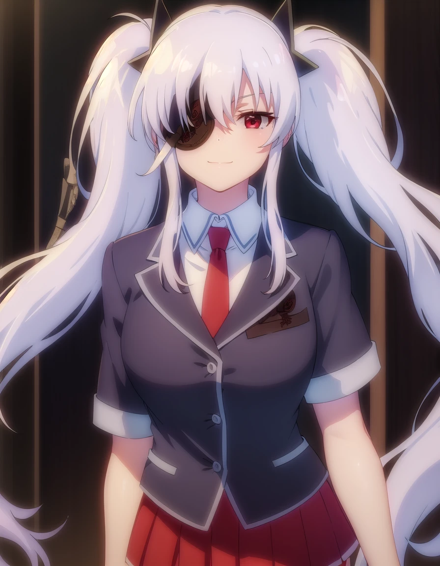 skyagyu, <lora:sk yagyu s1-lora-nochekaiser:1>,
yagyu, long hair, (red eyes:1.3), twintails, white hair, (eyepatch:1.5),
BREAK skirt, school uniform, necktie, socks, purple skirt, short sleeves,
BREAK indoors, classroom,
BREAK looking at viewer, (cowboy shot:1.5), smile,
BREAK <lyco:GoodHands-beta2:1>, (masterpiece:1.2), best quality, high resolution, unity 8k wallpaper, (illustration:0.8), (beautiful detailed eyes:1.6), extremely detailed face, perfect lighting, extremely detailed CG, (perfect hands, perfect anatomy),