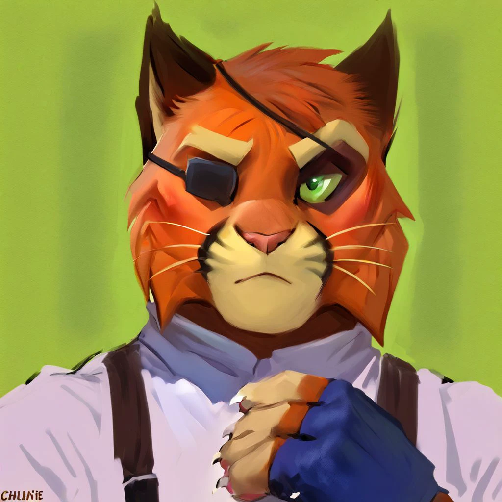 Viktor[lackadaisy], Viktor Vasko[lackadaisy], eyepatch, orange fur, orange body, yellow pattern, cream pattern, 1920s styled clothing, stripes, green eyes, large eyebrows, eyebrows, yellow eyebrows.  (male anthro cat:1.3). 
Solo, alone, by himself, 1boy, male.
Realistic, Furry, Animalistic features, Anthro, Detailed, Shaded,
athletic, athletic body, muscles. (athletic body), (orange body:1.1),
clothing, clothed, white shirt, black suspenders, blue gloves, fingerless gloves, gloves, brown shoes, blue pants, blue trousers.
HD, digital painting, digital art, masterpiece.
Headshot, head focus, close to face, closeup, bustshot.
closed mouth, embarrassed, happy emotion, (blushing:0.5).
simple background, one colour, green background.
HD, digital painting, digital art, masterpiece ((headshot)), digital drawing (artwork), digital media (artwork), hi res.  negative_hand. {{{by tracy j butler}}}, sketch,  {{{by tracy j butler}}}.