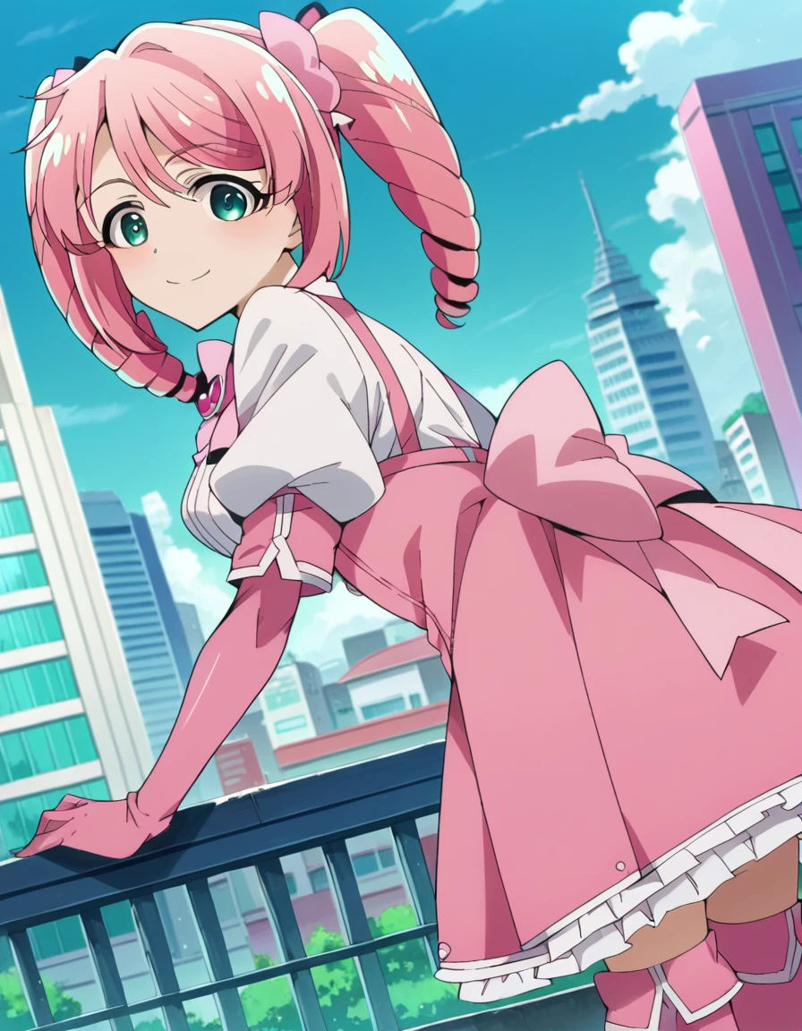 score_9, score_8_up, score_7_up, source_anime,
harukahanabishi, <lora:haruka-hanabishi-ponyxl-lora-nochekaiser:1>
haruka hanabishi, twintails, green eyes, pink hair,
thighhighs, gloves, dress, bow, magical girl, pink gloves,
outdoors, cityscape, bent over, smile,
looking at viewer, dutch angle, cowboy shot