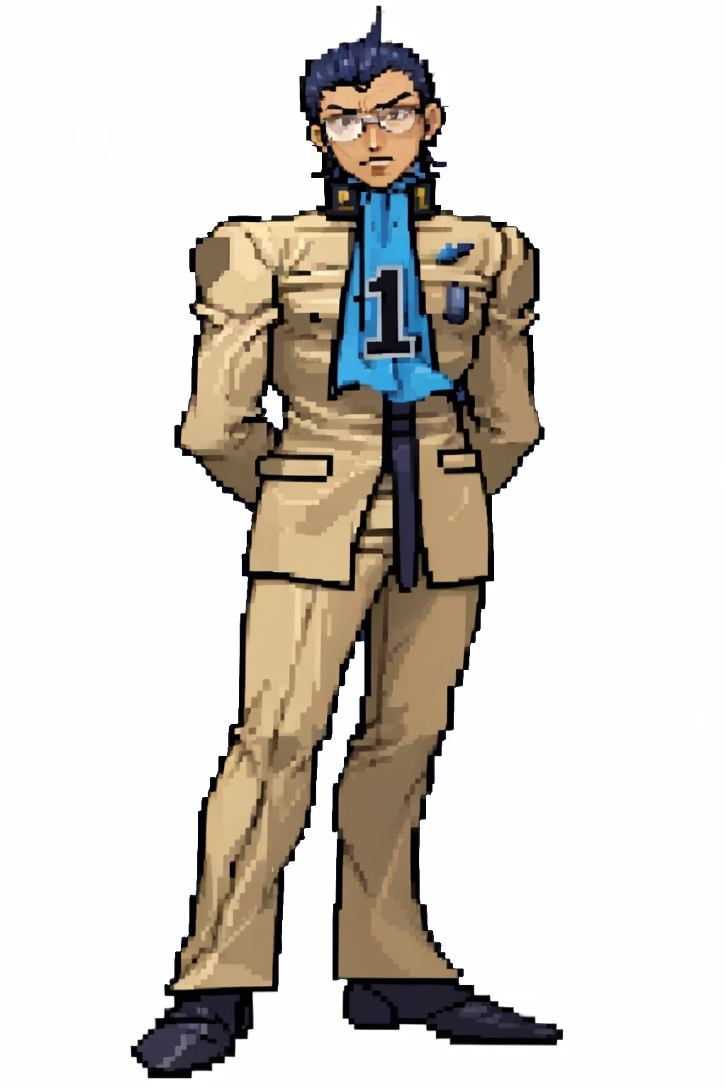 masterpiece, best quality, solo, 1boy, looking at viewer, <lora:CPS3_Fp:0.8>, simple background, full body, <lora:Nanjo:1>, nanjop1, school uniform, blue ascot, glasses, arms behind back, frown,