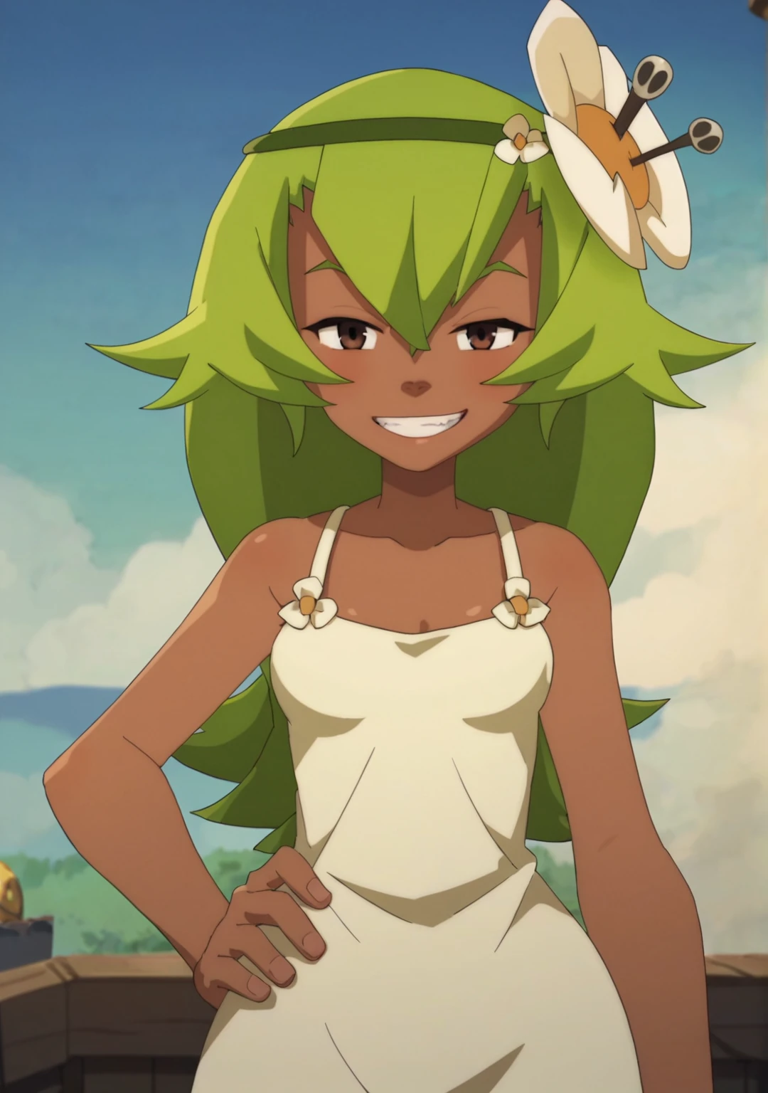 score_8_up, score_7_up, anime screenshot, looking at viewer, clouds
<lora:Amalia (Autism SDXL)-000005:0.8> 1girl, amalia sheran sharm, green hair, green hairband, hair ornament, hair flower, dark skin, brown eyes, nightgown, bedroom
looking at viewer, grin, half-closed eyes, cowboy shot, hand on own hip,