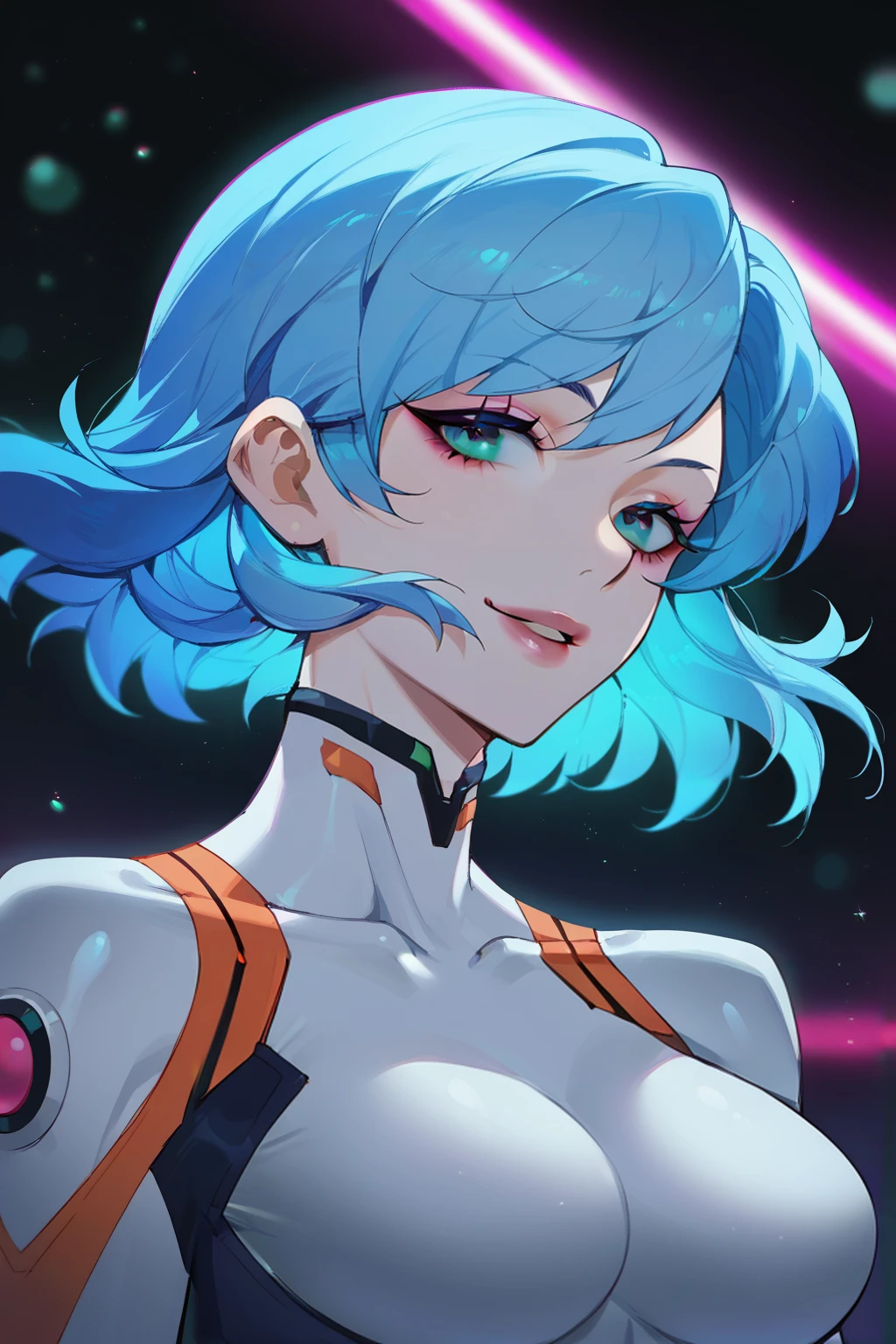 score_9, score_8_up, score_7_up, 1girl,solo, smile,looking at viewer
neon lights, medium breasts, blue hair, upper body, parted lips, lips, looking at viewer, bodysuit, makeup,upper body