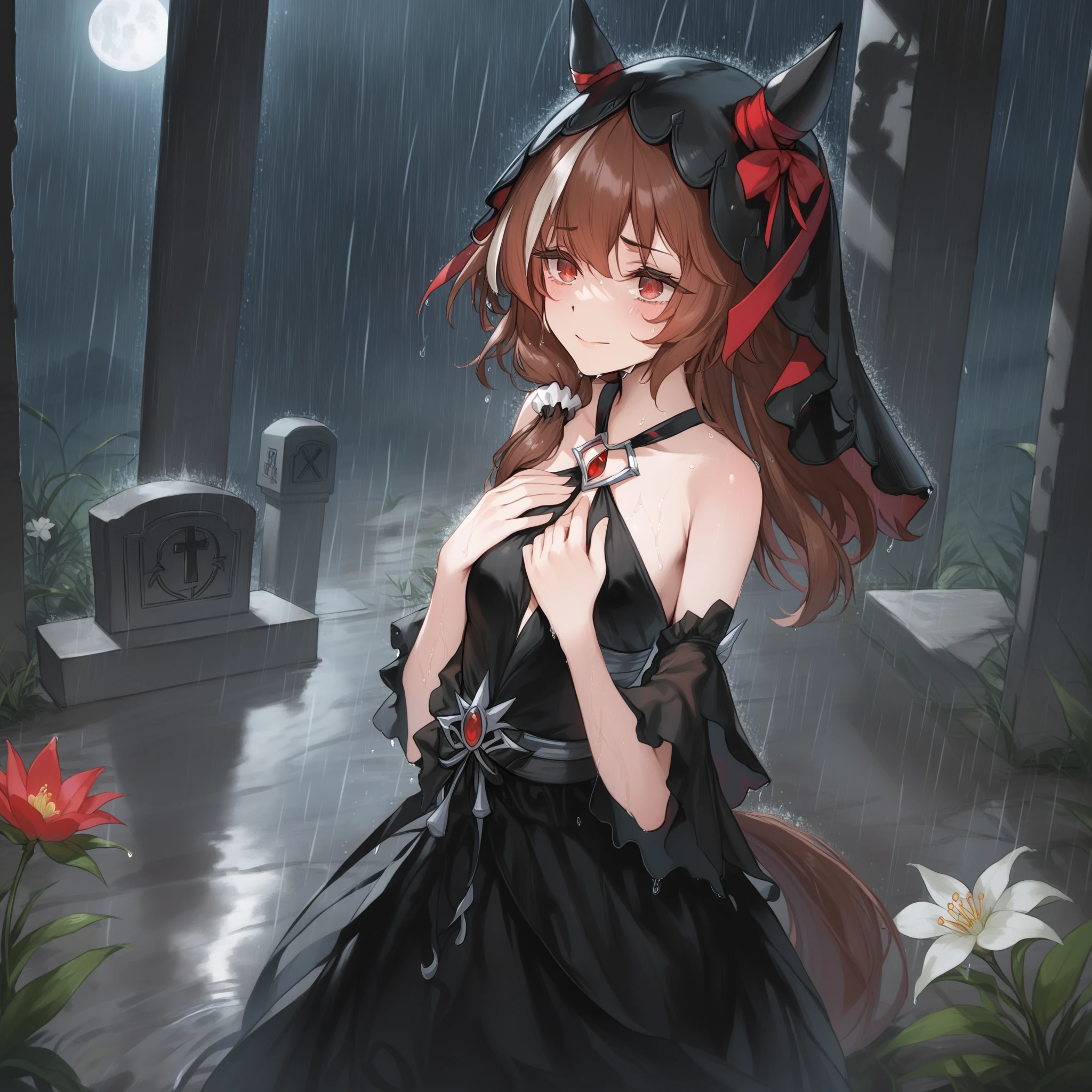 score_9, score_8_up, score_7_up, source_anime, 2D, anime BREAK
1girl, solo, red eyes, bare shoulders, small breasts, horse ears, horse tail, bangs, eyebrows visible through hair, long brown hair, (streaked hair), hair between eyes, hair scrunchie, sad, grief, dark_theme, dark_scene, night, (black:1.4), (widow, black gloves, black veil, black funeral dress), tombstone, spider lily, rain, outdoors, (wet clothes), hands on own chest,
smile, blush, <lora:StillinLove_v1-ponyXL:1>,