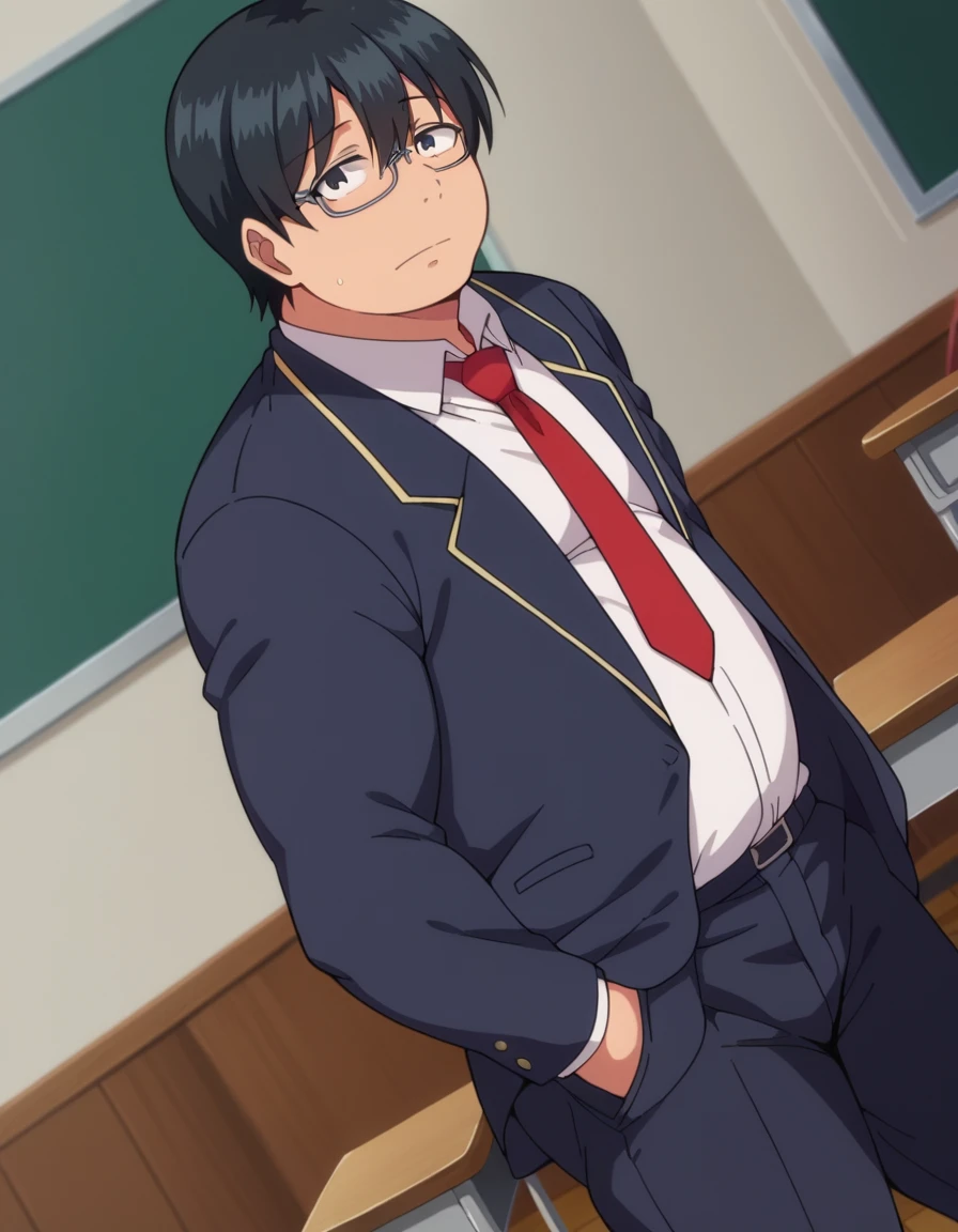 score_9, score_8_up, score_7_up, source_anime,
tazaki, <lora:tazaki-ponyxl-lora-nochekaiser:1>
tazaki, male focus, black hair, black eyes, glasses, hair between eyes, fat,
school uniform, blazer, necktie, shirt, white shirt, collared shirt, pants,
indoors, classroom,
looking at viewer, cowboy shot, dutch angle,