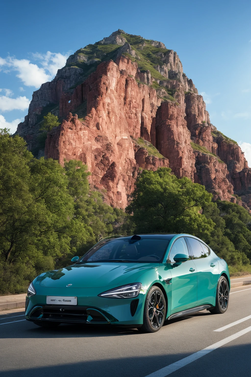 msu, A emerald car, Stop by the side of the road, day, masterpiece, best quality, official art, extremely detailed CG unity 8k wallpaper, highly detailed, <lora:msu_20240329003151-000018:0.9>, city,