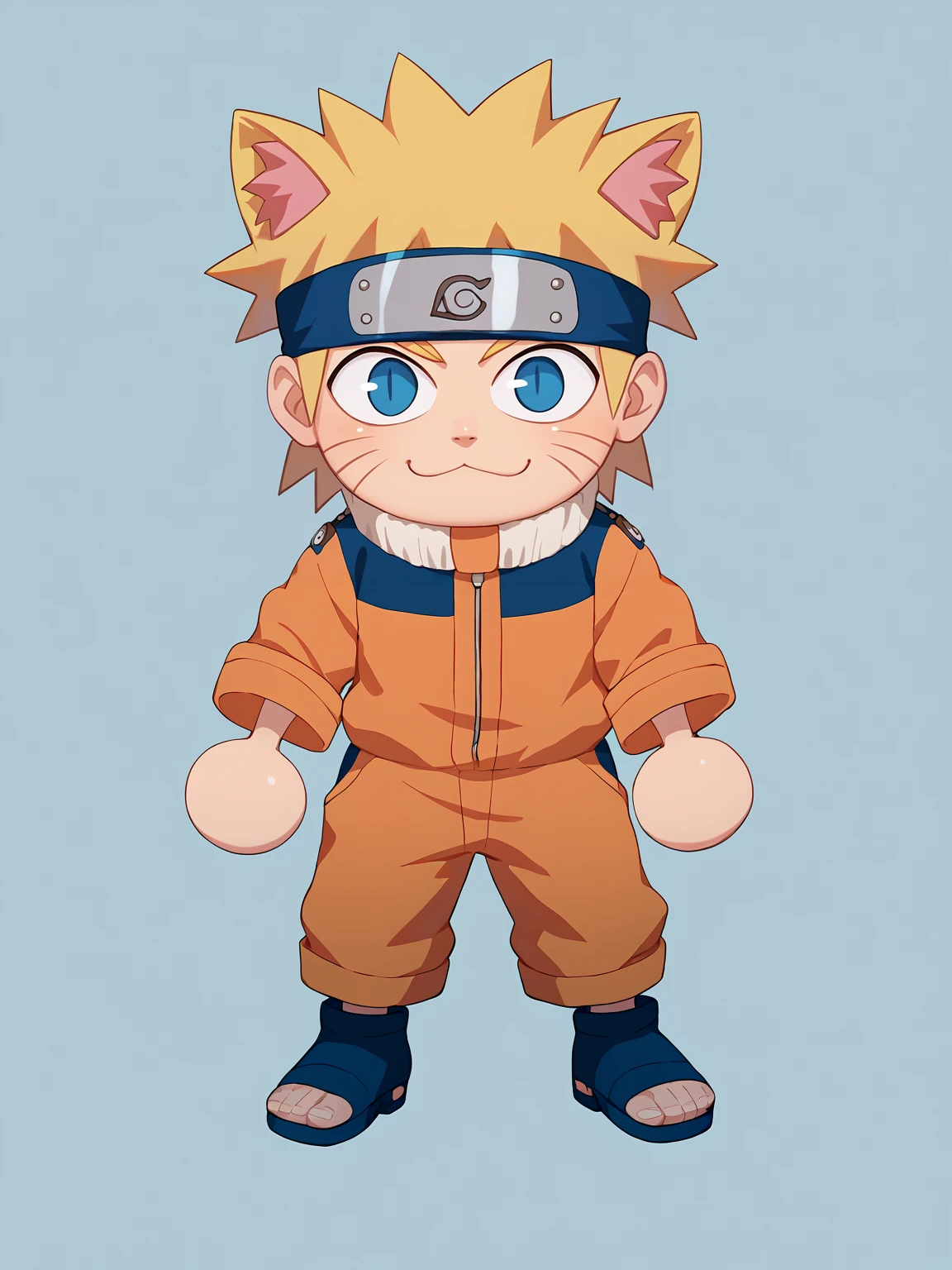 score_9, score_8_up, score_7_up, BREAK,
1boy, necoarc, cat ears, shalltear,
uzumaki naruto, blonde hair, spiked hair, blue eyes, whisker markings, facial mark, forehead protector, orange jumpsuit, toeless footwear,
chibi, slit pupils, solo, full body, white background <lora:necoarc-guy-PONY-v1:1.2>     <lora:NarutoGeninXL:1>