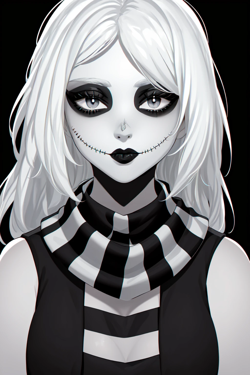 (masterpiece, best quality), ZeroCYPA, (black eyelids:1.4), (stitched cheek on mouth:1.3), black lipstick, grey eyes, white hair, long hair, (pale skin:1.1), striped scarf, (black shirt:1.2), sleeveless, (portrait shot, upper body), looking at viewer, indoors <lora:ZeroCYPA-by-KillerUwU13:0.8>