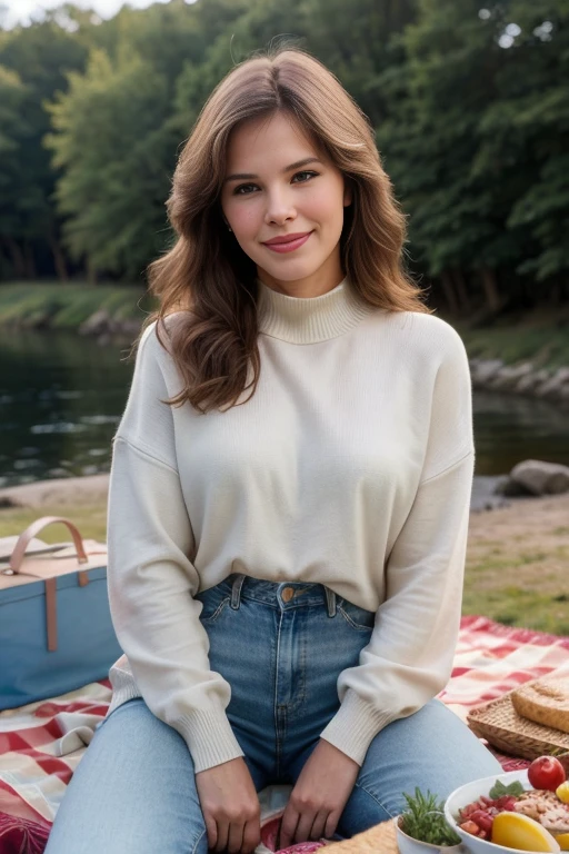 BonB1aTTXV1B,
a beautiful smiling woman posing for masterpiece phot, sitting on a blanket with a picnic table full of food and drinks in front of her, near a river, wearing high neck sweater and jeans,
(professional photo shooting), (high buget photo), (extremely detailed skin), (flawless skin), (model pose), (highly detailed facial features),
(perfect color grading), (High-quality textures and materials), (perfect setup and environments:1.9), (accurate light and shadow effects), (perfect visual quality),
(natural light), (high quality photography), (intricate details), (8k), (HDR), (sharp focus), (medium view:1.2),