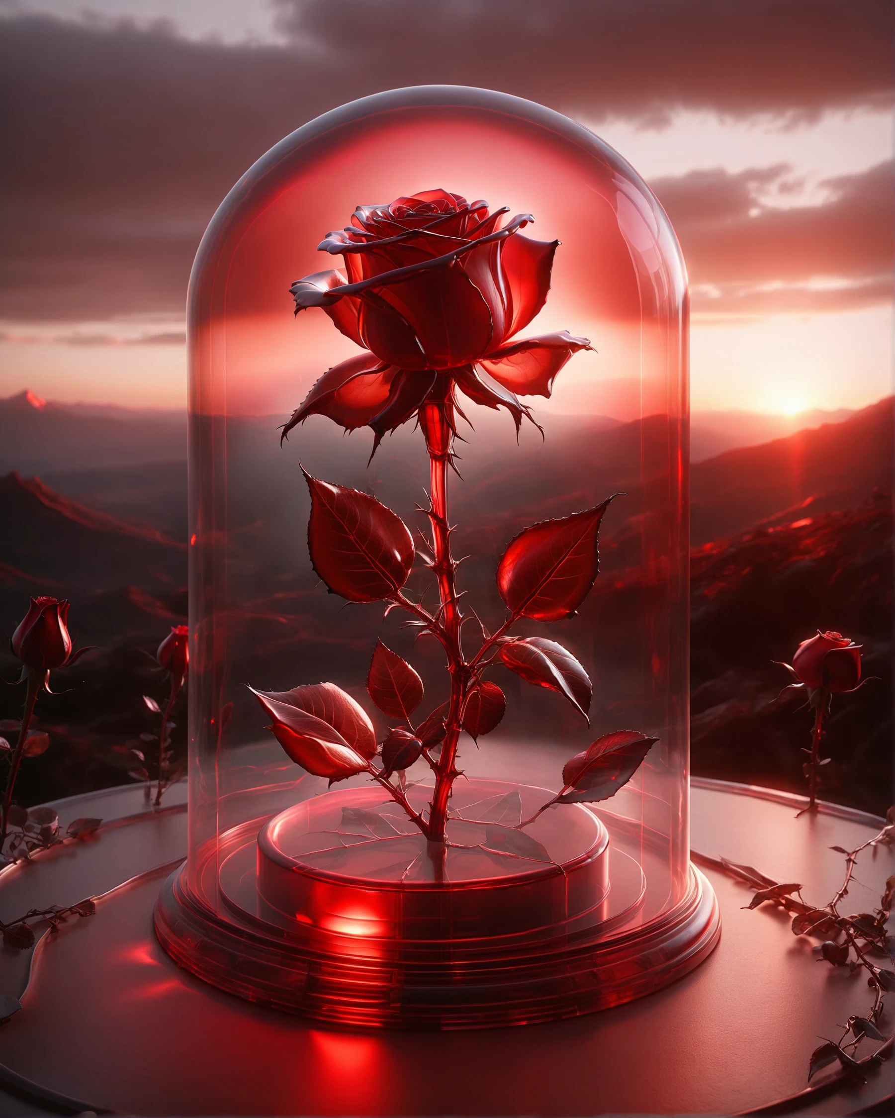 award winning transparent glass red rose, glass dome, ectoplasmic atmosphere enclosure, ethereal, volumetric lighting, cosmic horror, thorny ensemble, gloomy sunset with delicate rays over the hills
<lora:dvr-trd:0.8> dvr-trd