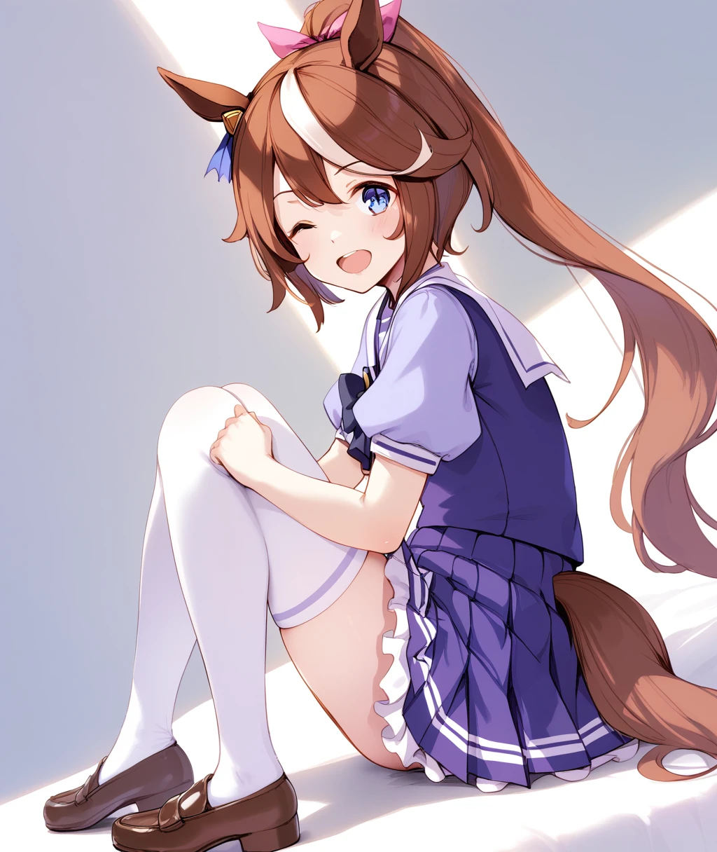 score_9, score_8_up, score_7_up, source_anime BREAK
tracen_uniforms, 1girl, long hair, looking at viewer, blush, smile, open mouth, blue eyes, skirt, brown hair, shirt, thighhighs, bow, animal ears, school uniform, tail, ponytail, white hair, short sleeves, multicolored hair, pleated skirt, one eye closed, shoes, solo focus, puffy sleeves, looking back, miniskirt, sailor collar, two-tone hair, white thighhighs, puffy short sleeves, streaked hair, brown footwear, white skirt, ;d, horse ears, frilled skirt, high ponytail, horse girl, horse tail, purple shirt, sailor shirt, tracen school uniform, summer uniform, horseshoe ornament,
<lora:tokai_teio-ponyXL:1>,