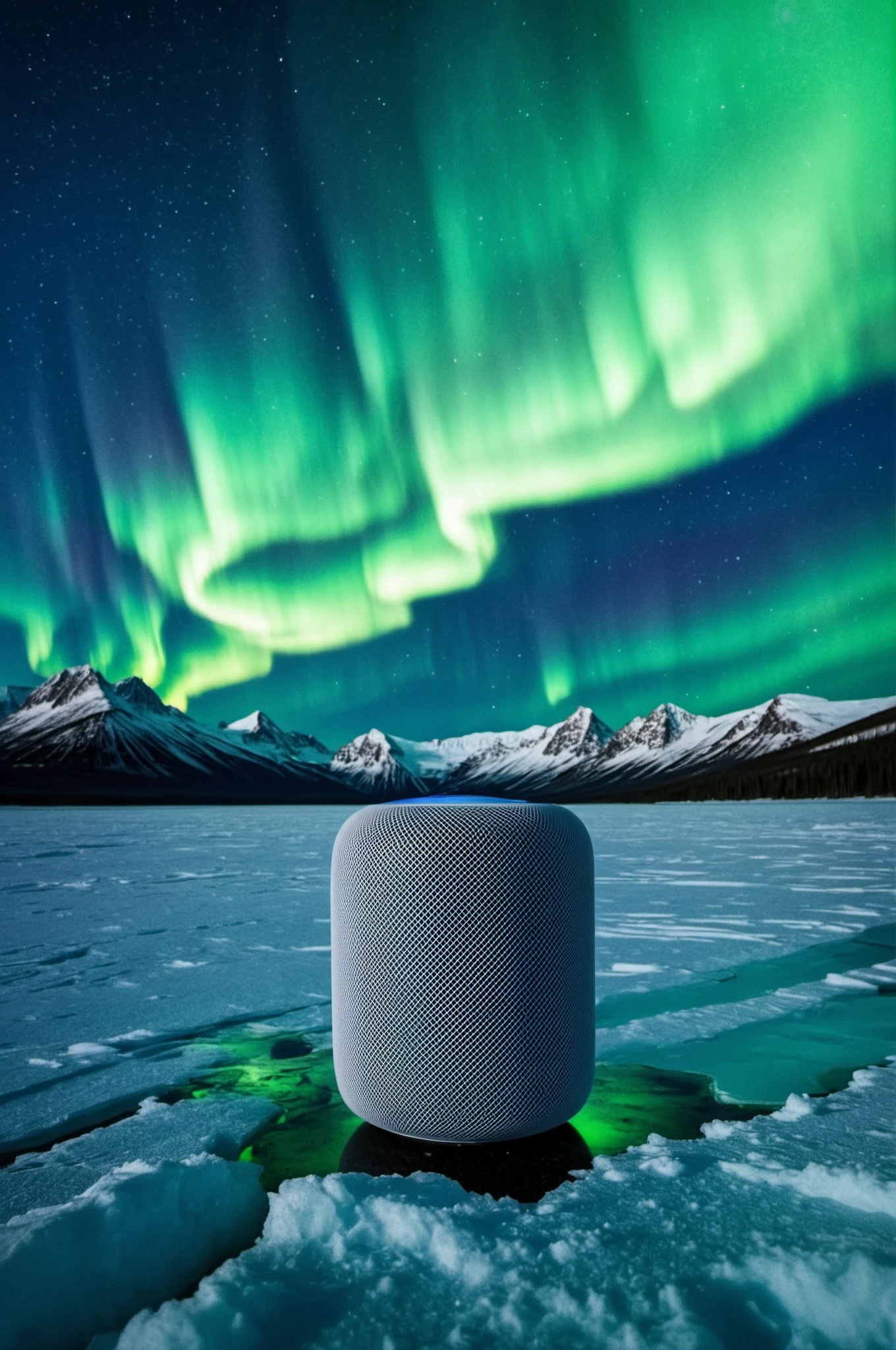 (sp3ak3r, This image features a small, white speaker or speaker system:1.1). 
aurora borealis, arctic backdrop, polar lights, mirror-like ice, surreal environment, midnight sun, vibrant sky colors, reflection on ice, extreme conditions, insulated design, sharp contrasts, untouched wilderness, nature meets technology