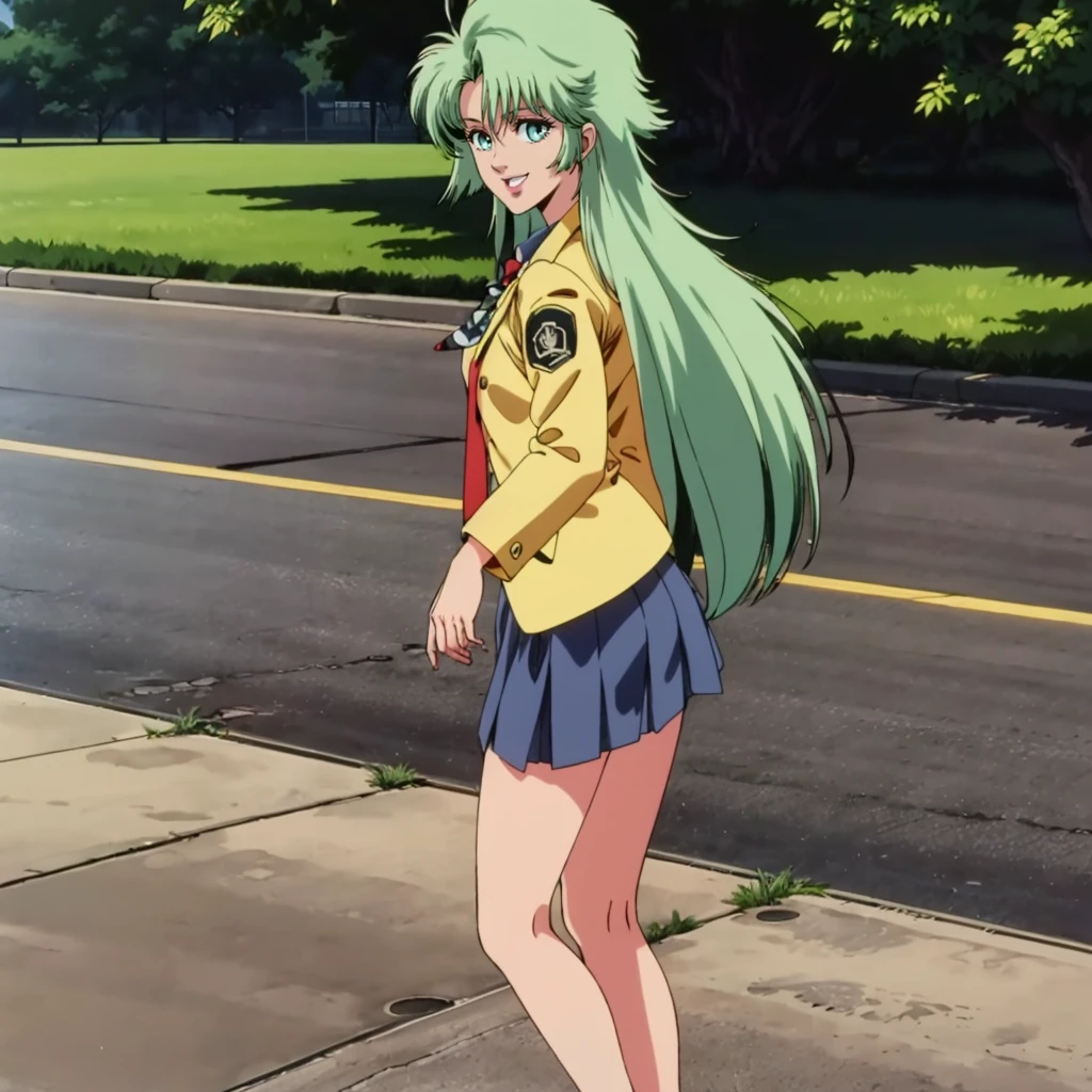 <lora:MZ2TokimatsuriEve001:0.7>,looking at viewer,smile,open mouth,
solo,
MZ2TokimatsuriEve,1girl,green hair,long hair,aqua eyes,1990s (style),
jacket,shirt,necktie,
skirt,
full body,standing,looking back,