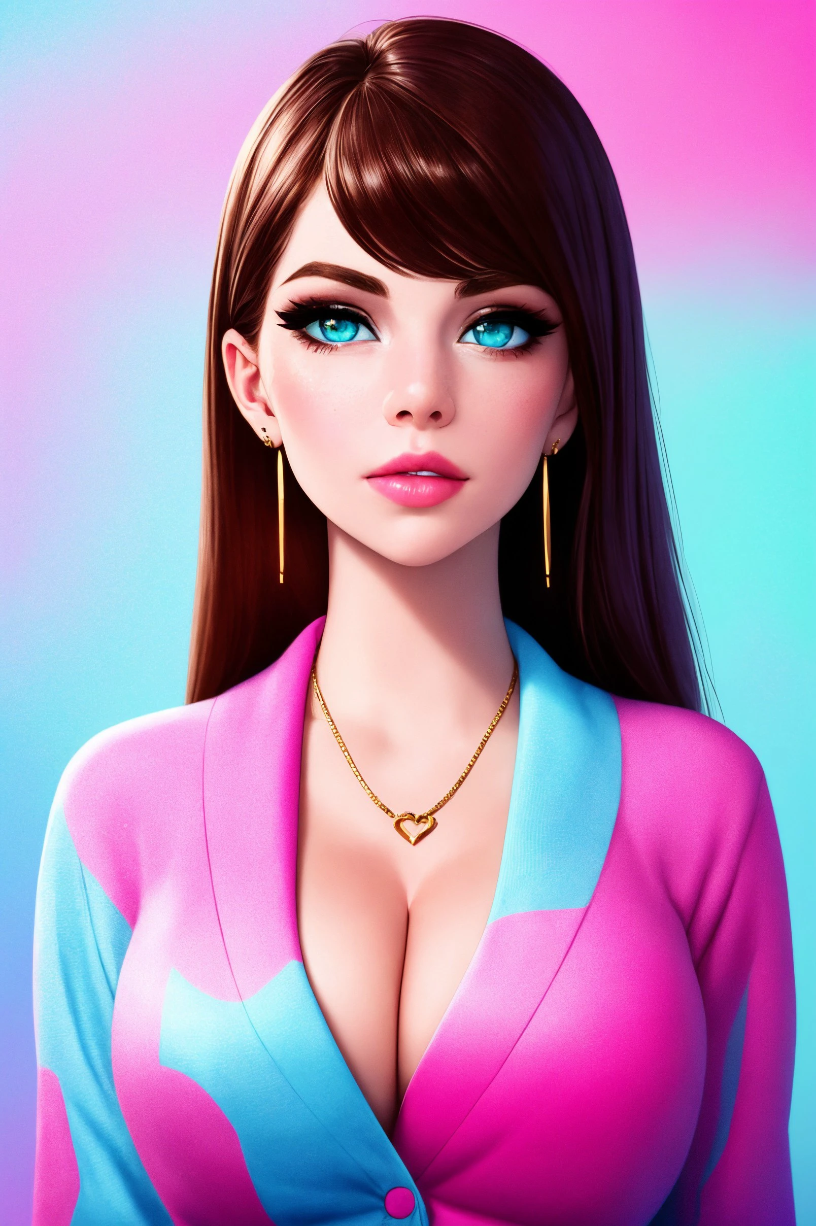 redshift style, (analog style:1.2), sexy,
realistic, photo shoot, professional, high contrast,
[Ni(:0)na Dob(:0)rev|Em(:0)ma Sto(:0)ne], 1girl, solo, expressive look, hearts, light blue eyes, detailed eyes, eyes by Ilya Kuvshinov style, sharp pupils, realistic pupils,
very long hair, flowing hair, aqua hair, glitter makeup, gloss lips,
stud earrings, jewelry, gold necklace, perfect face,
upper body, small lips,
face shot, (closeup:1.2), (extreme closeup:1.2), cleavage, breast focus, from above,
masterpiece, best quality, HDR, viewpoint, highest quality, sharp focus, looking at viewer, facing viewer,  8k, abstract background, colorful background, pink hearts in background,
skin pores, intricate skin texture, realistic skin,
asymmetrical bangs, hair flaps, button-up shirt, cyan shirt, sera(:0)fuku, sch(:0)ool girl uniform, cardigan,
[(colorful explosion psychedelic paint colors:1.2)::0.2],  cromulent, cold,
dynamic lights, bokeh, glowing background,