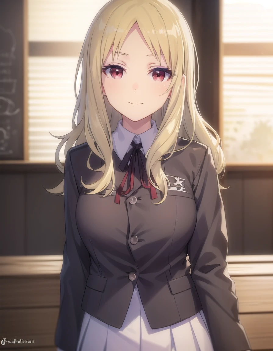 skshiki, <lora:sk shiki s1-lora-nochekaiser:1>,
shiki, long hair, bangs, blonde hair, hair ornament, (red eyes:1.3), sidelocks, hairclip, mole, (parted bangs:1.5), makeup, mole under mouth, eyeshadow,
BREAK shirt, long sleeves, ribbon, school uniform, jacket, white shirt, black ribbon, neck ribbon, buttons, grey jacket,
BREAK indoors, classroom,
BREAK looking at viewer, (cowboy shot:1.5), smile,
BREAK <lyco:GoodHands-beta2:1>, (masterpiece:1.2), best quality, high resolution, unity 8k wallpaper, (illustration:0.8), (beautiful detailed eyes:1.6), extremely detailed face, perfect lighting, extremely detailed CG, (perfect hands, perfect anatomy),