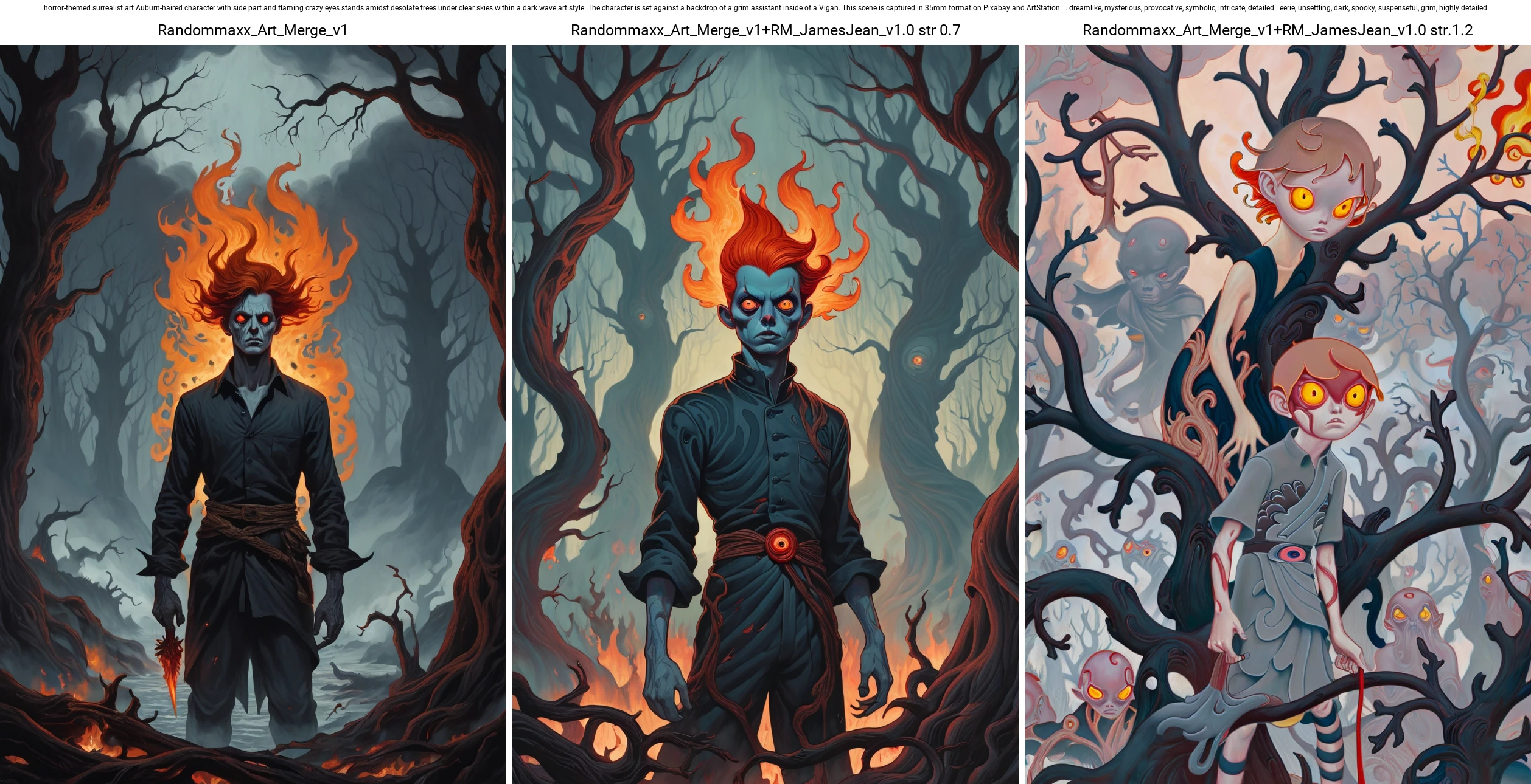 JamesJean; Illustration, Painting; horror-themed surrealist art Auburn-haired character with side part and flaming crazy eyes stands amidst desolate trees under clear skies within a dark wave art style. The character is set against a backdrop of a grim assistant inside of a Vigan. This scene is captured in 35mm format on Pixabay and ArtStation. . dreamlike, mysterious, provocative, symbolic, intricate, detailed . eerie, unsettling, dark, spooky, suspenseful, grim, highly detailed