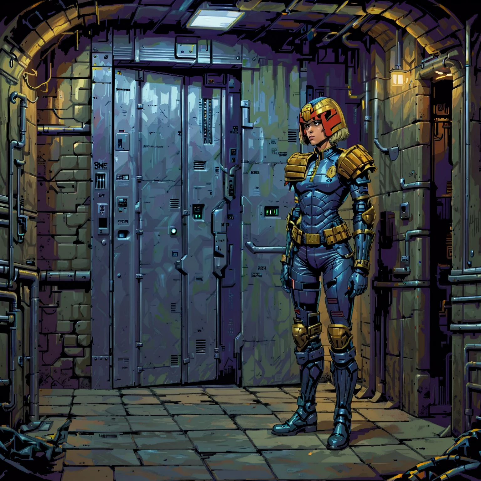 1girl, judge anderson leaning on the wall outside a steel door in a basement, in armor and uniform, wearing a helmet, jdgdrddcom, cyberpunk, comic, dank, dark, utility tunnel, utility light, mercury light