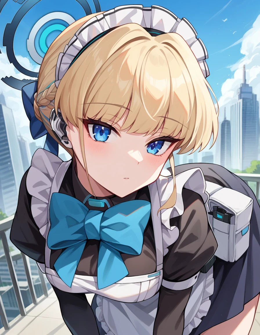 score_9, score_8_up, score_7_up, source_anime,
tokiasuma, <lora:toki-asuma-ponyxl-lora-nochekaiser:1>
toki, blonde hair, blue eyes,
hair bun, short hair, halo, apron, belt pouch, black dress, black gloves, blue bow, bow, dress, elbow gloves, fingerless gloves, gloves, halo, long sleeves, maid, maid apron, maid headdress, pouch,
outdoors, cityscape, bent over,
looking at viewer, dutch angle, cowboy shot