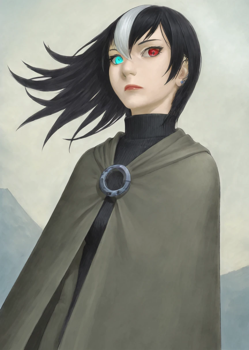 1girl,Kil_Soli,hearing aid,heterochromia,black and white hair color,two-tone hair,dutch angle,cloak turtleneck,standing,coastal,<lora:Soli-XL_002:0.75>