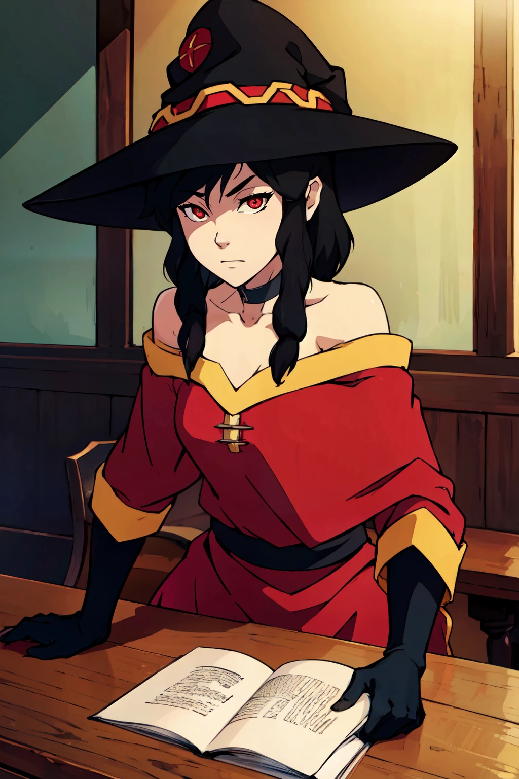 ((masterpiece,best quality)), absurdres,  <lora:The_Legend_of_Korra:0.8>,  the legend of korra, masterpiece, best quality, megumin, 1girl, bare shoulders, black cape, black gloves, black hair, cape, choker, collarbone, dress, hair between eyes, hat, long sleeves, looking at viewer, medium hair, off-shoulder dress, off shoulder, red dress, red eyes, sidelocks, solo, witch hat, indoors