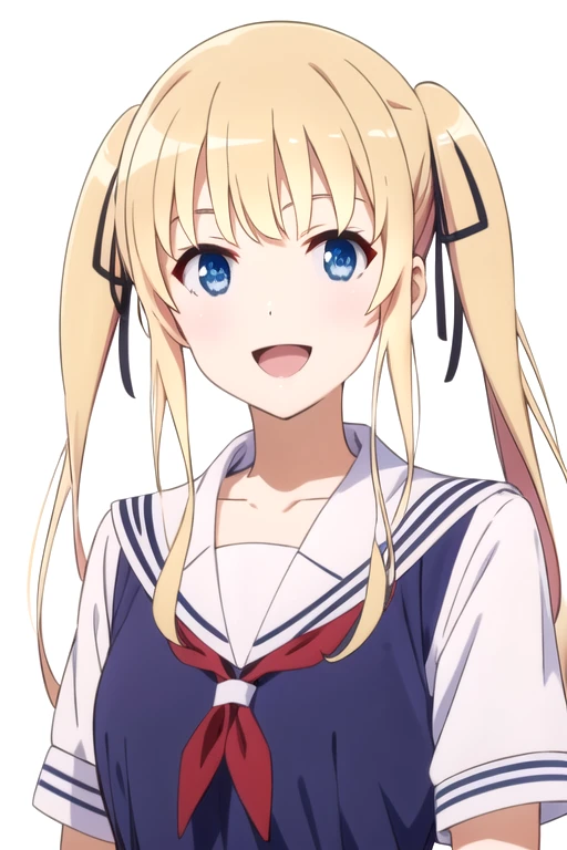 solo, 1girl, looking at viewer, 2D, anime, anime coloring, upper body, (simple background, solid white background:1.3),  <lora:eriri-saekano:0.8>, eriri spencer sawamura, school uniform, smile, :d