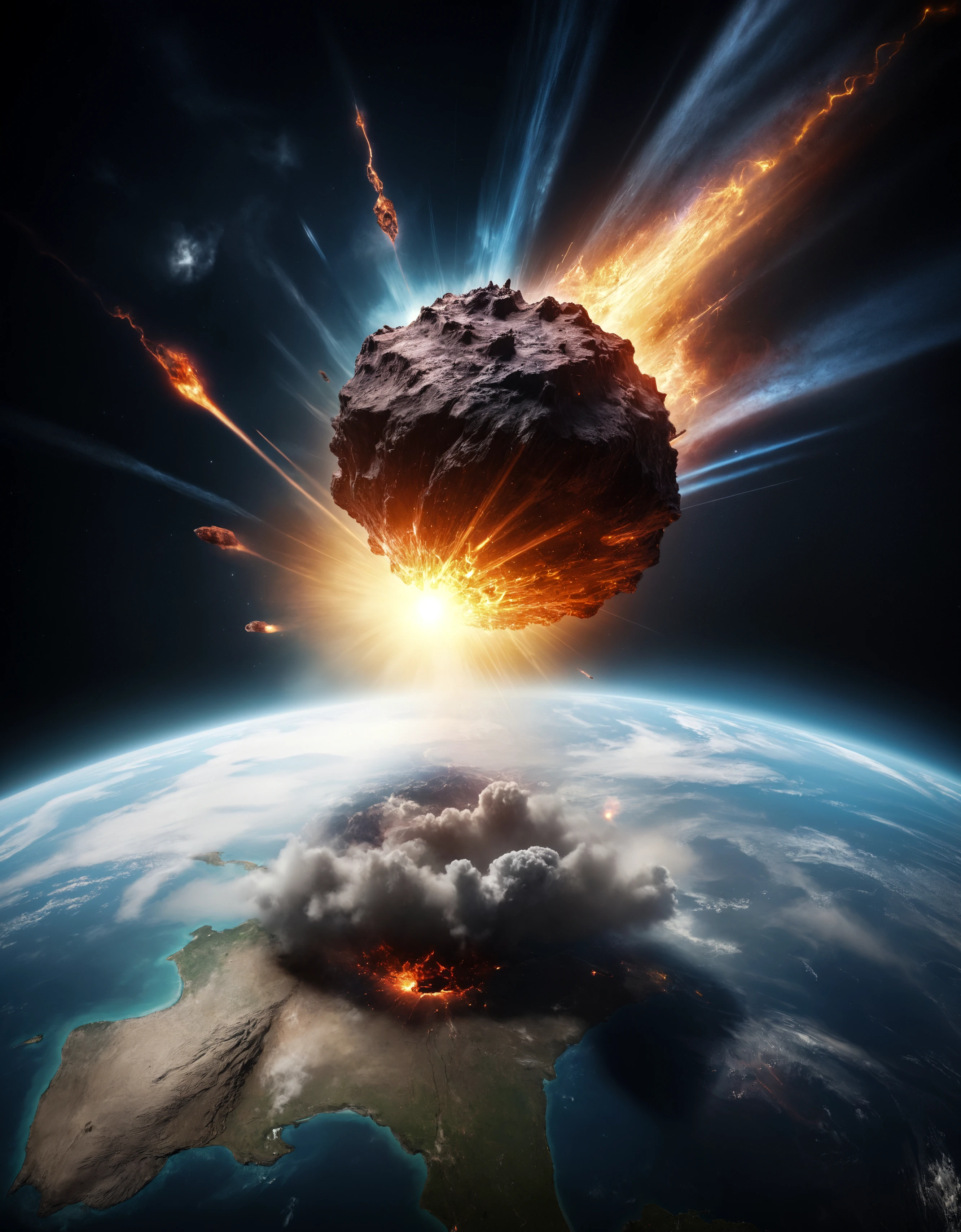 hyperrealistic mixed media image of unimaginable incomprehensible meteor slamming into the earth releasing cosmic energy, dreamlike, face focus, intricate details, sharp focus, photography, photorealism, photorealistic, 8k, soft focus, volumetric light, (intricate details), (hyperdetailed), 8k hdr, high detailed, lot of details, high quality, soft cinematic light, dramatic atmosphere, atmospheric perspective,