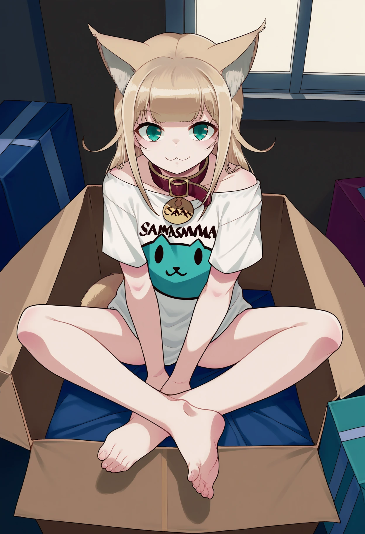 score_9, best quality, masterpiece, uncensored, source_anime
BREAK
1girl, solo, cat girl, cat tail, cat ears, solo, text on shirt, collar, sitting, blonde hair, topwear, looking at viewer, shirt, teal eyes, barefoot, inside the box, cardboard box, inner ear fluff, clothed, green eyes, sitting inside the box, cat face, smug, feet, foreshortening
<lora:40hara_pony_v2:1>