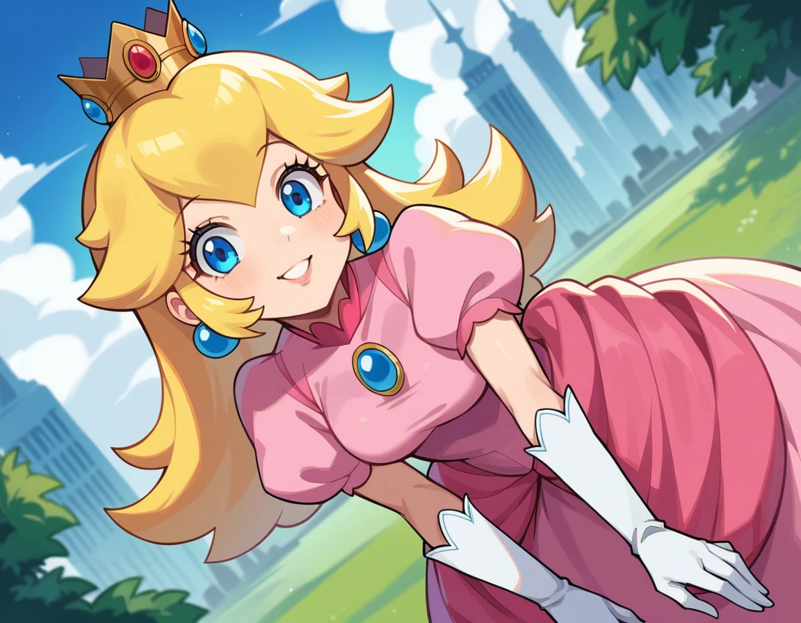 score_9, score_8_up, score_7_up, source_anime,
princesspeach, <lora:princess-peach-chibi-ponyxl-lora-nochekaiser:1>
princess peach, blonde hair, blue eyes, long hair, smile,
crown, dress, gem, gloves, pink dress, puffy short sleeves, puffy sleeves, short sleeves, white gloves,
outdoors, cityscape, bent over,
looking at viewer, dutch angle, cowboy shot