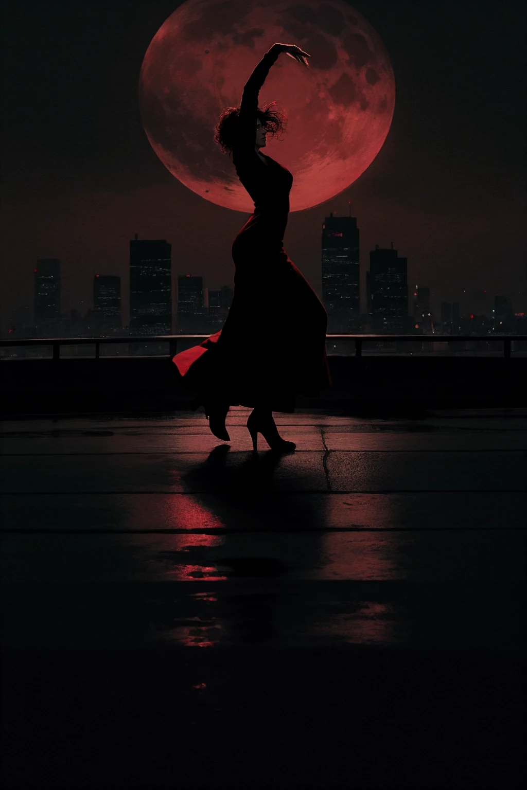 ink illustration, hauntingly sad scene of a woman dancing on her own on the roof of a skyscraper under a red moon, the woman's red dress and moon are the only splashes of color, ink splashes, rough ink sketch, moody, gloomy, dark picture, high contrast, stylized