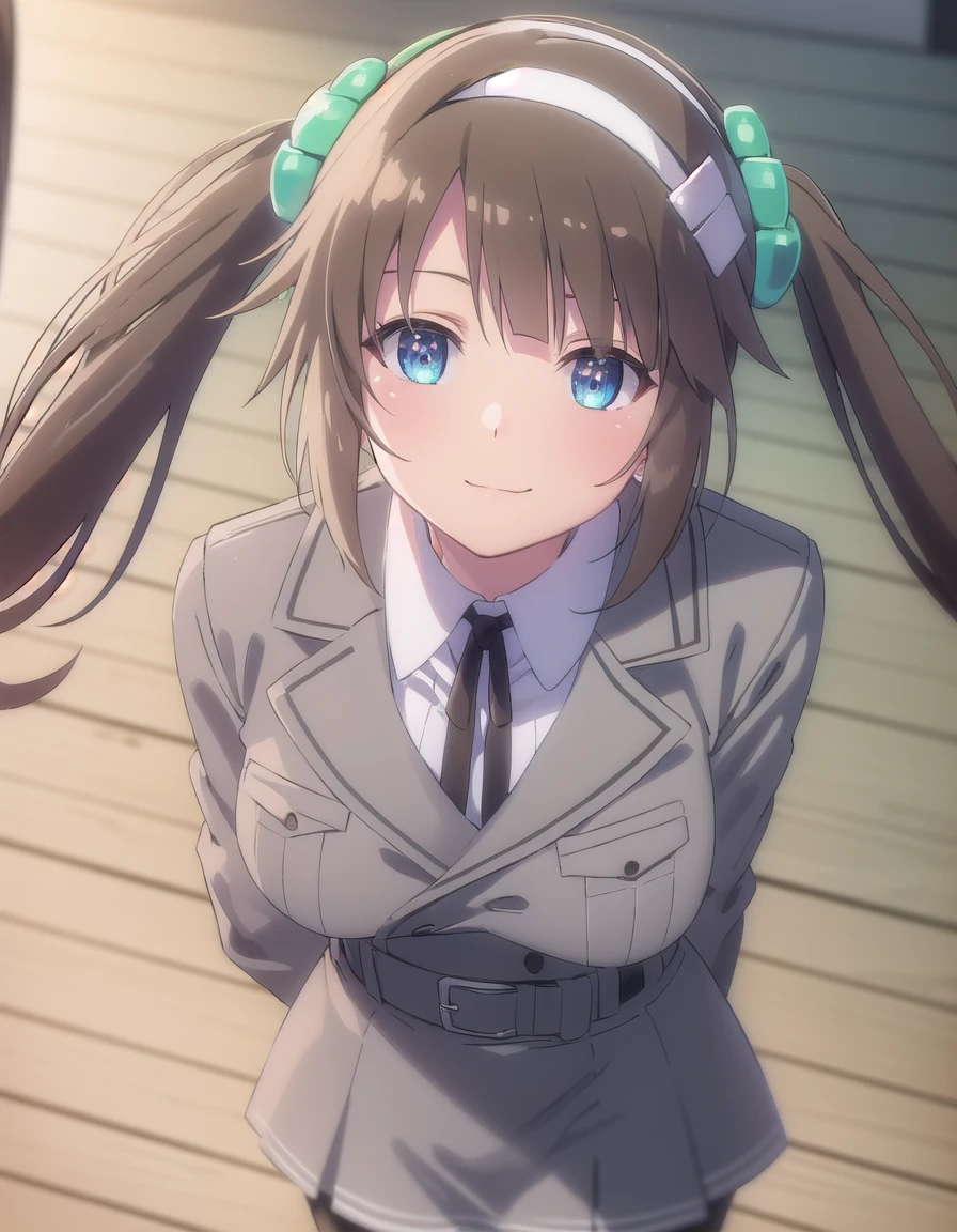 skminori, <lora:sk minori s1-lora-nochekaiser:1>,
minori, long hair, bangs, blue eyes, brown hair, hair ornament, long sleeves, twintails, sidelocks, hairband, white hairband,
BREAK skirt, shirt, long sleeves, school uniform, pantyhose, pleated skirt, belt, miniskirt, black pantyhose, black ribbon, neck ribbon, buttons, grey skirt, grey jacket,
BREAK indoors, classroom,
BREAK looking at viewer, (cowboy shot:1.5), smile,
BREAK <lyco:GoodHands-beta2:1>, (masterpiece:1.2), best quality, high resolution, unity 8k wallpaper, (illustration:0.8), (beautiful detailed eyes:1.6), extremely detailed face, perfect lighting, extremely detailed CG, (perfect hands, perfect anatomy),