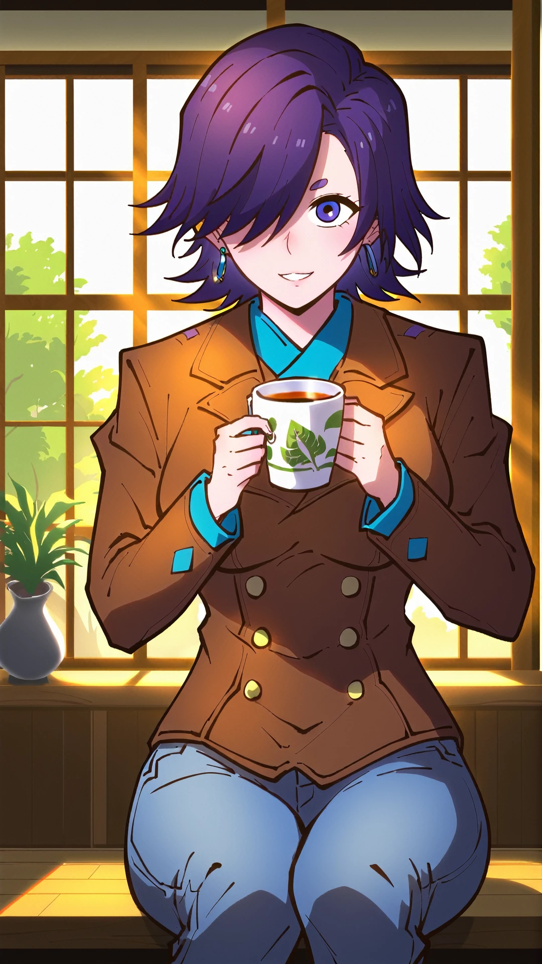 score_9, score_8_up, score_7_up, Smooth 2, Anime 2, (((cowboy shot))), (((dynamic pose))), (((dynamic angle))), webtoon, anime, gonchu, cheerful smile, (((sitting))), ((holding cup of tea)), 1woman, short purple hair, hair over right eye, indigo eye, teal earring on right ear, (((brown leather jacket))), denim pants, 8k, 16k, trending on pixiv, fanbox, skeb, masterpiece, absurdest, (indoors, modern chinese teashop background), <lora:Smooth Anime 2 Style SDXL_LoRA_Pony Diffusion V6 XL:0.7>, highly detailed, extremely detailed, <lora:Gongyi_Churen_Fog_Hill_of_Five_Elements_PonyXL:0.9>