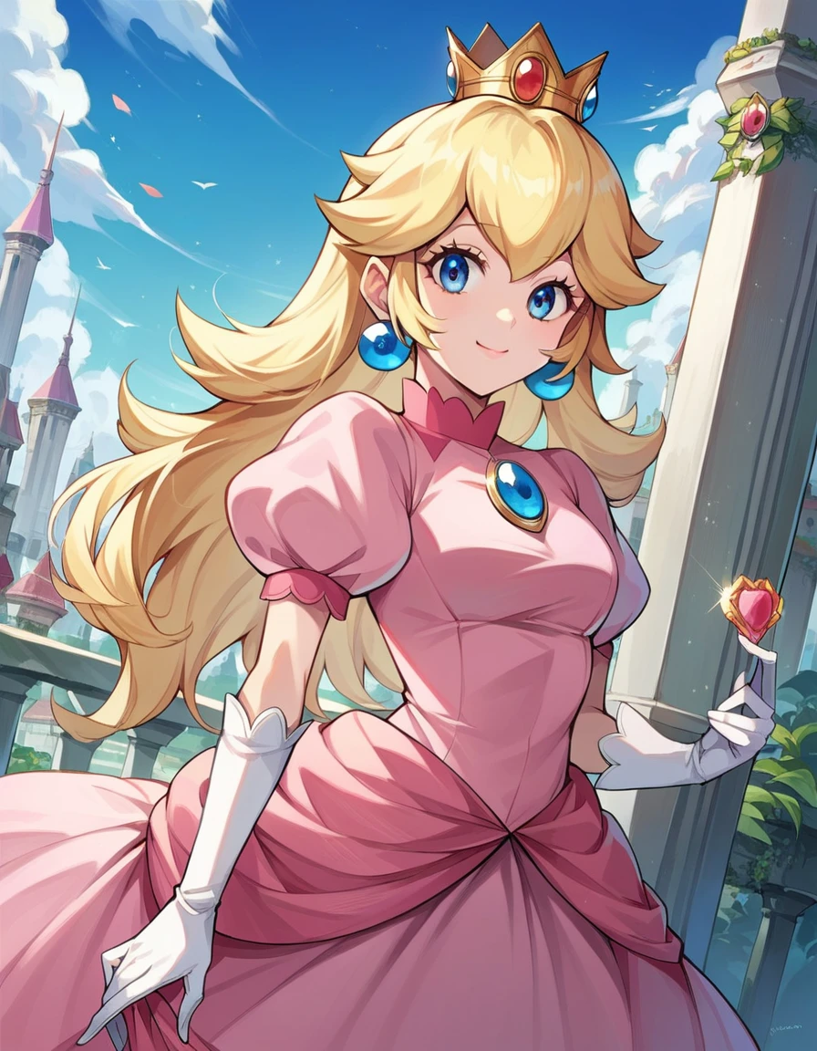 score_9, score_8_up, score_7_up, source_anime,
princesspeach, <lora:princess-peach-chibi-ponyxl-lora-nochekaiser:1>
princess peach, blonde hair, blue eyes, long hair, smile,
crown, dress, gem, gloves, pink dress, puffy short sleeves, puffy sleeves, short sleeves, white gloves,
outdoors, cityscape,
looking at viewer, dutch angle, cowboy shot