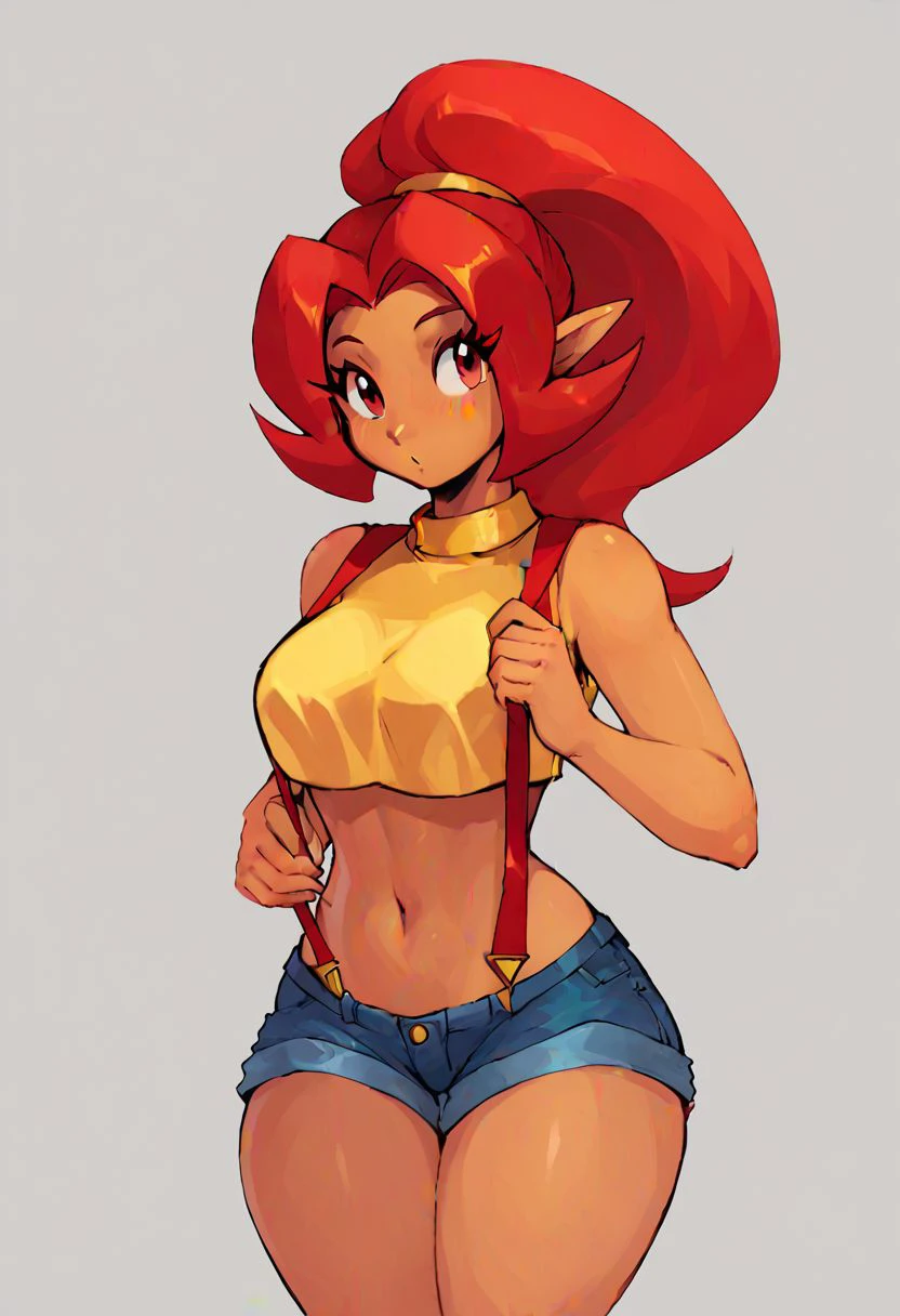 score_9, score_8_up, score_8, medium breasts, (curvy), cute, eyelashes,   Din_Zelda,  dark skin,
 misty (pokemon) (cosplay), yellow crop top, suspenders, denim shorts,
cowboy shot,