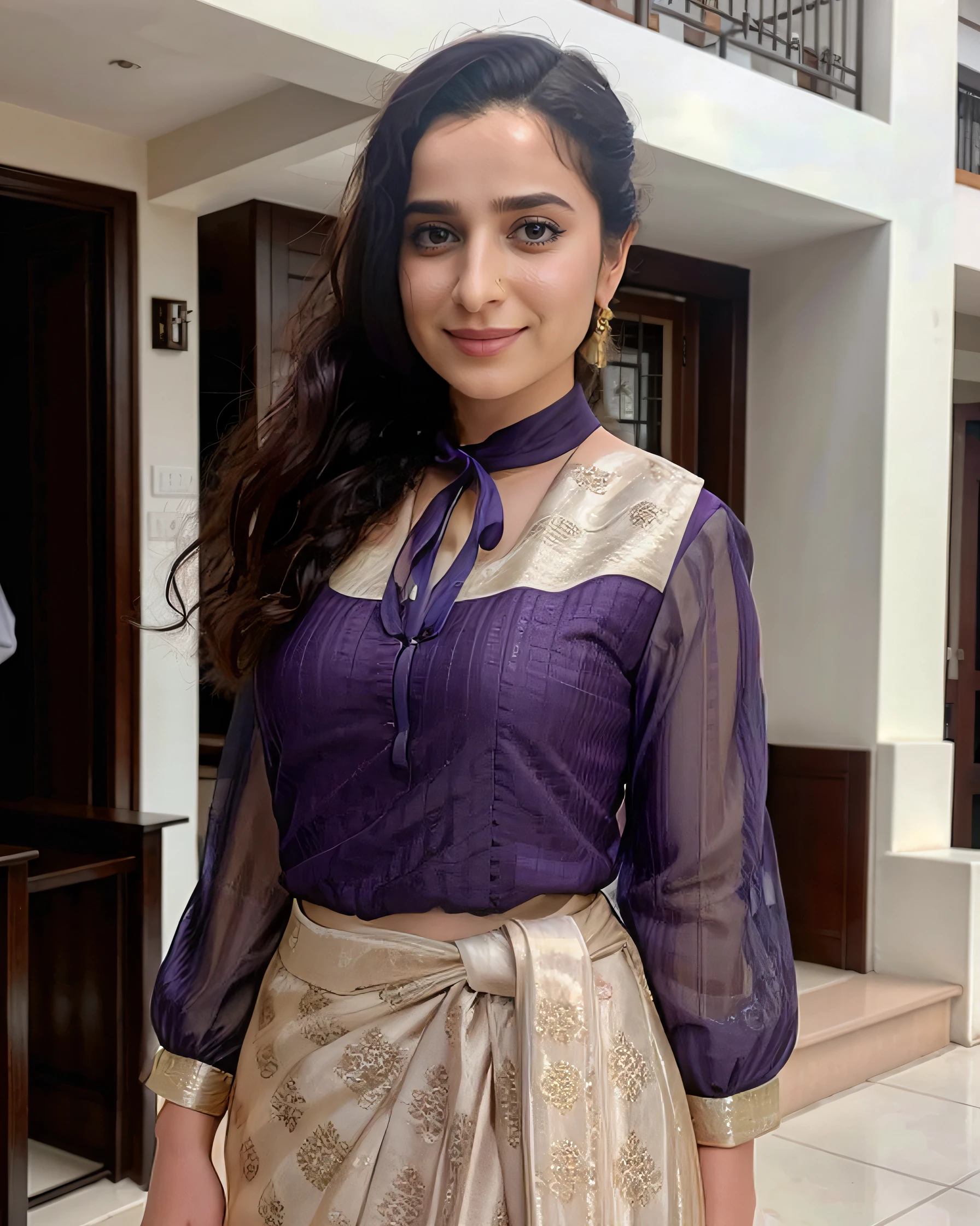 photo of ssin woman, conservatively dressed, wearing Violet high neck Punjabi Suit that covers the neck breasts and midriff, dynamic pose, simple provence interior background in bokeh <lora:ssin_Simone_Singh_SD15_LoRA_prodigy_local_regs:1>