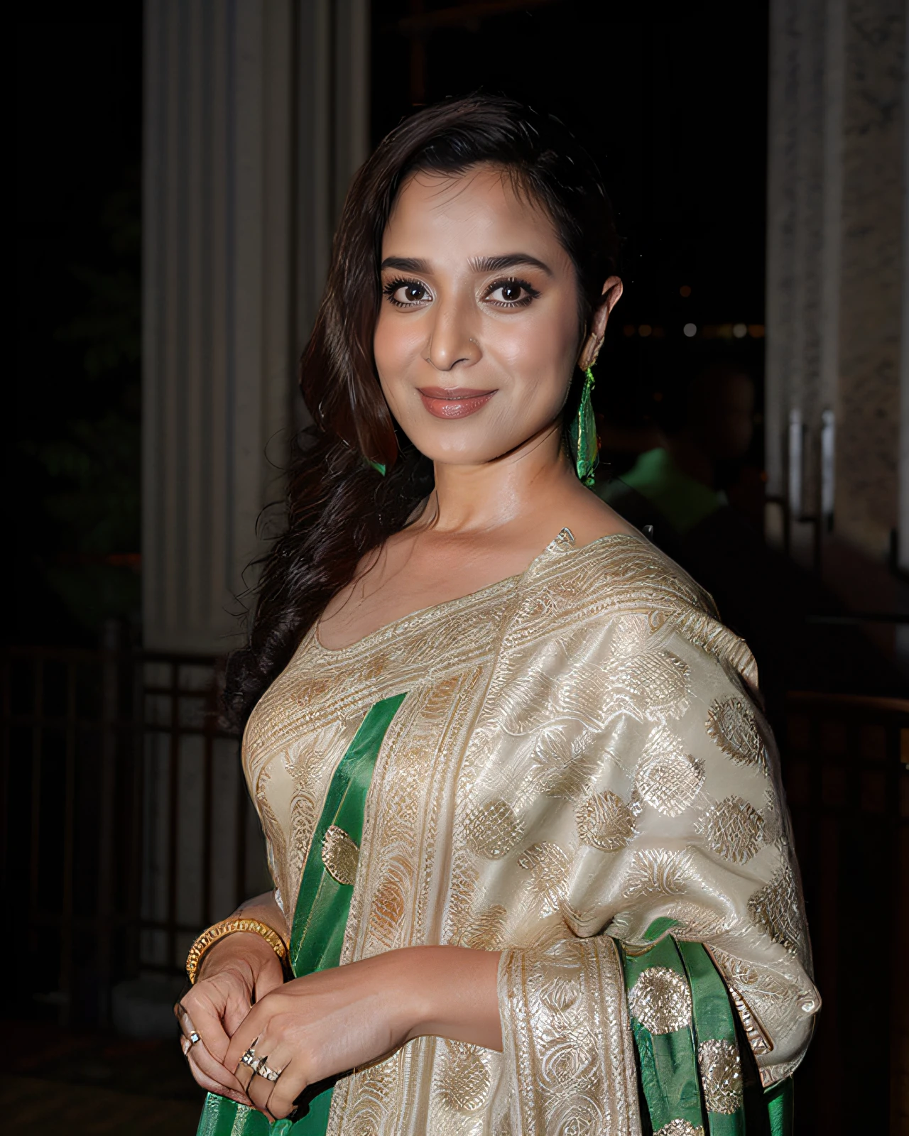a professional portrait photo of a 30-year-old woman, ssin, wearing high neck Emerald Indo-Western Gown, solo, soft lighting, night time, city bokeh lights   <lora:ssin_Simone_Singh_SD15_LoRA_prodigy_local_regs:1>