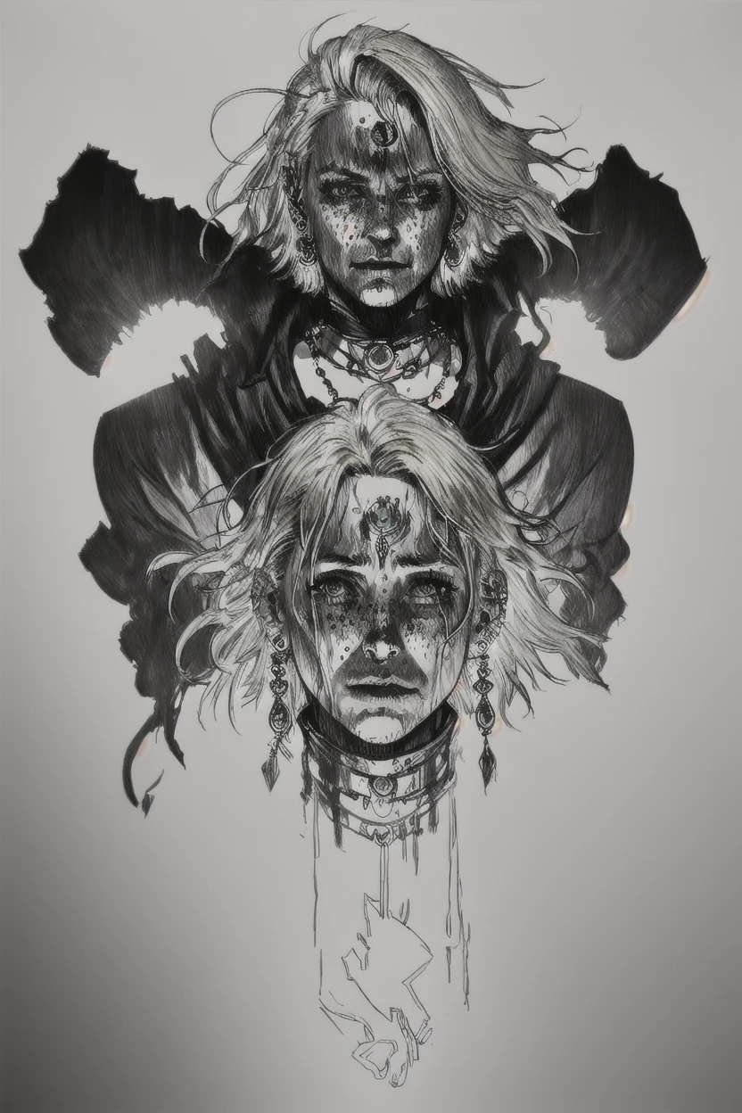 jewelery , abuse, ear piercing, messy hair, realistic, looking at viewer, freckles, backlighting, film grain, blonde hair, horror, <lora:Hash_style:.7> hash draw,