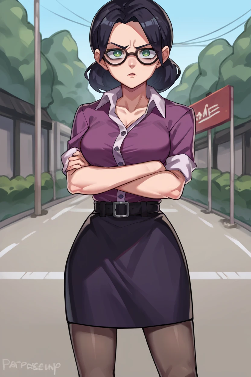 score_9, score_8_up, score_7_up, score_6_up, source_anime, BREAK 1girl,  <lora:mspauling-pdxl-nvwls-v1-000008:1> mspauling, black hair, glasses, purple shirt, buttoned shirt, short sleeves, belt, black skirt, pantyhose, medium breasts, crossed arms, unimpressed, looking at you, parking lot