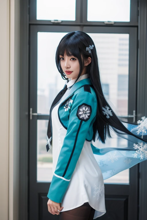 ltra-detailed,highly detailed,best quality,masterpiece,illustration,realistic,photorealistic,
shiba miyuki, 1girl, solo, long hair, school uniform, black hair, pantyhose, snowflakes, dress, lips, hime cut, see-through, bangs, standing, blunt bangs, snowflake print, realistic, black pantyhose, from side, white dress, long sleeves, window, wings, parted lips, black eyes, jacket, blue eyes, necktie,
<lora:shiba miyuki_v1_07:0.8>