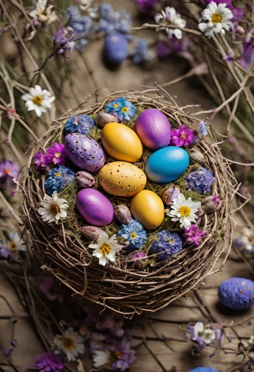 Bird nest Made of dry flowers with multicolored Easter eggs inside 
High detailed render