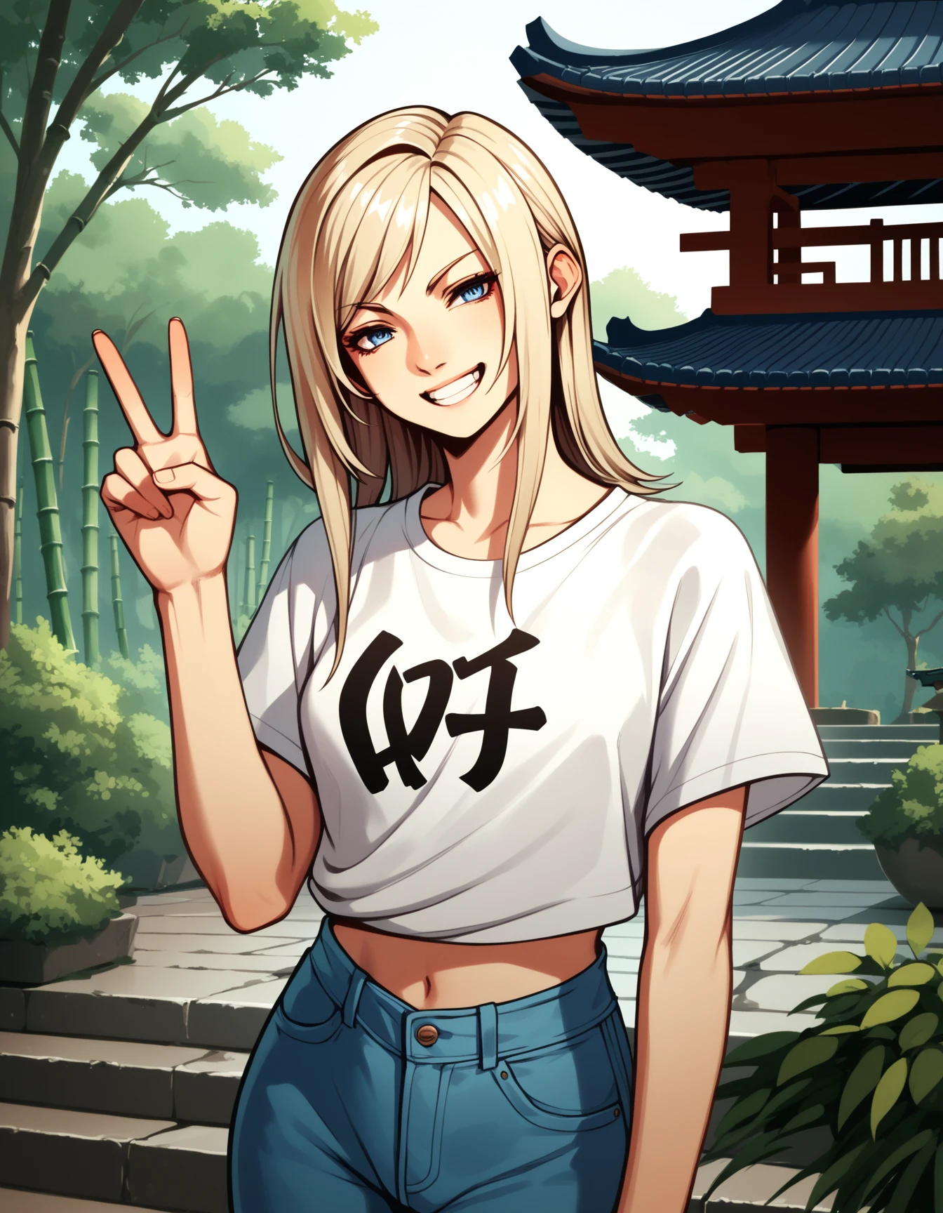 score_9, score_8_up, score_7_up, score_6_up, score_5_up, score_4_up
<lora:aya-brea-ponyxl-000020:1> aya brea, blue eyes, blonde hair, white shirt, t-shirt, midriff, jeans, grin, v,
outdoors, japanese temple, stunning scenery of oriental stone garden, pagoda, bamboo forest, dusk, upper body