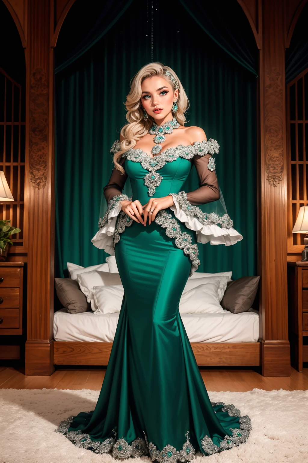 Fairy tale monochrome, photogenic woman, solo,  (blonde hair) (waterfall braid:1.2), [crystal droplets] hair, eyeliner, eyeshadow, makeup, (rouge) high quality, best quality, highres, high detail, standing,   <lora:BlackSilGown-44:0.7> dr3ss, dark green dress, wearing a Frilly Jacquard lining (cascade dress) in ((Edwardian fashion)), jewelry, earrings, (diamond emerald trim), long dress, silouette figure,  long sleeves, full body, Enchanting Moroccan Boudoir, Intricately carved wooden bed frames, soft silk drapes, and vibrant tapestries, evoking the allure of Arabian nights. . Magical, fantastical, enchanting, storybook style, highly detailed