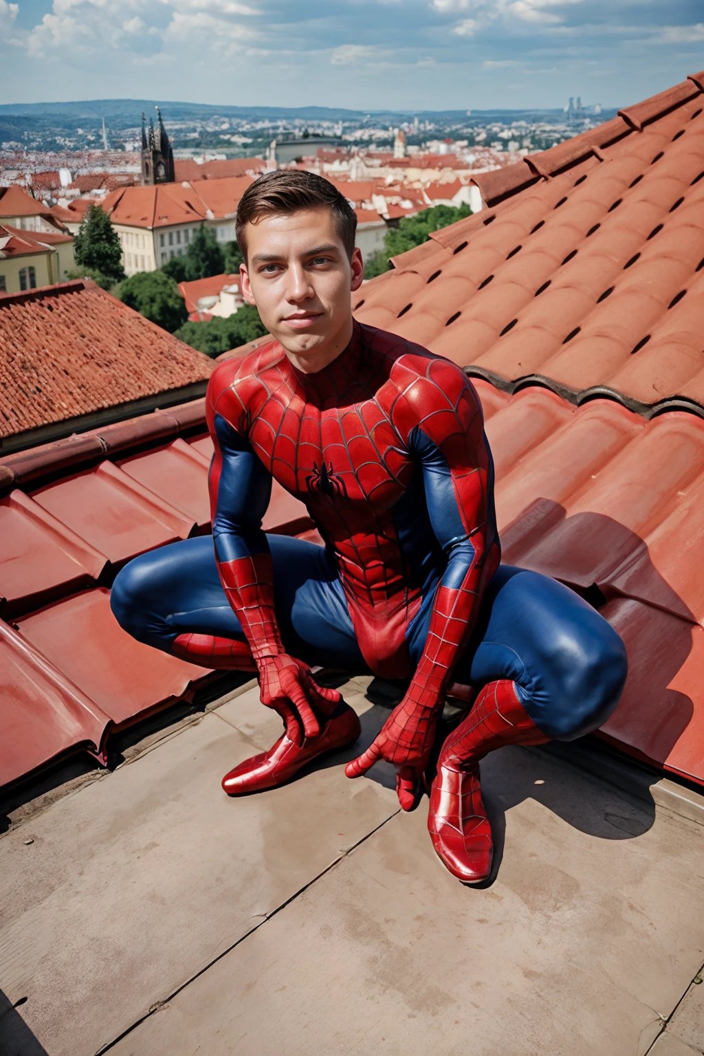 crouching on a red tile roof overlooking Prague, slight smile, JoelBirkin, wearing a spiderman suit, (((full body portrait))), wide angle, <lora:Spider Suit:0.8> <lora:JoelBirkin:0.8>