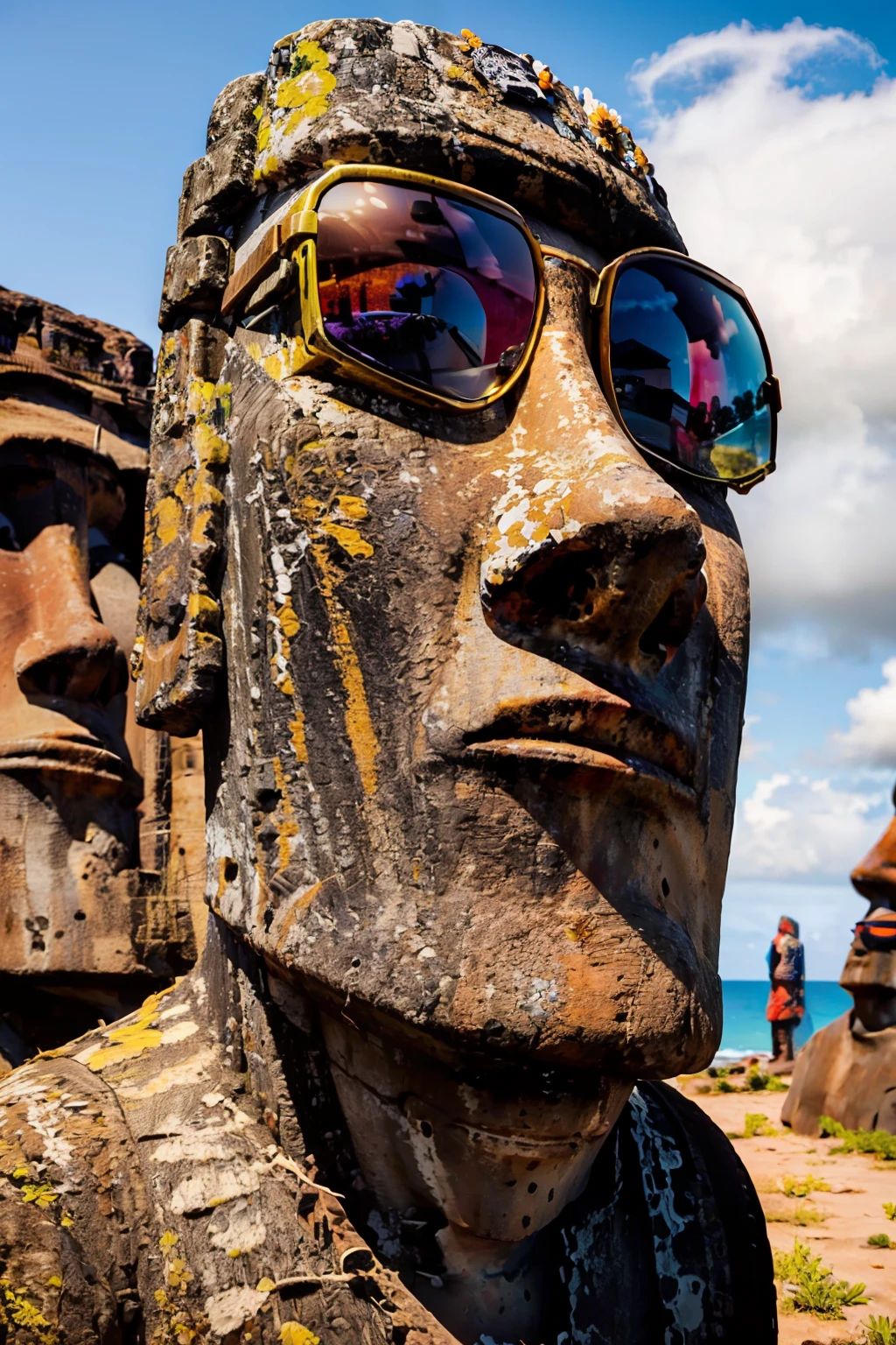 (ultra realistic,32k, masterpiece:1.2),(high detailed skin:1.1),( high quality:1.1), <lora:Moai:0.8>, moai, solo, 1boy, male focus, outdoors, sky, day, blue sky, ocean, sunglasses, realistic