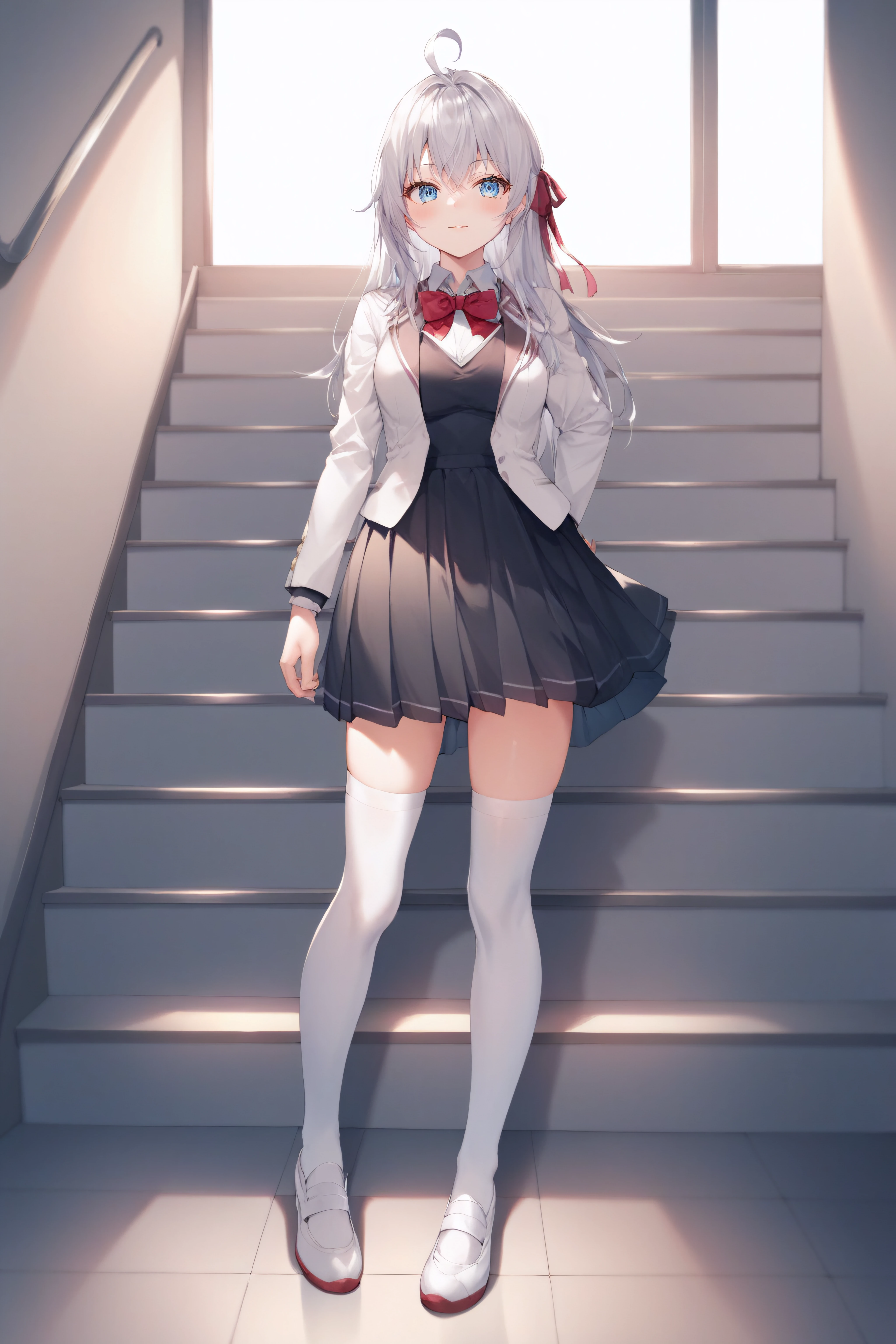 score_9, score_8_up, score_7_up, BREAK source_anime, <lora:alisa mikhailovna kujou-PonyXL:0.8> alisa mikhailovna kujou, blue eyes, silver hair, long hair, red hair ribbon, white shirt, ahoge, white shoes, black vest, school black dress, white thighhighs, short beige blazer, red bowtie, standing,