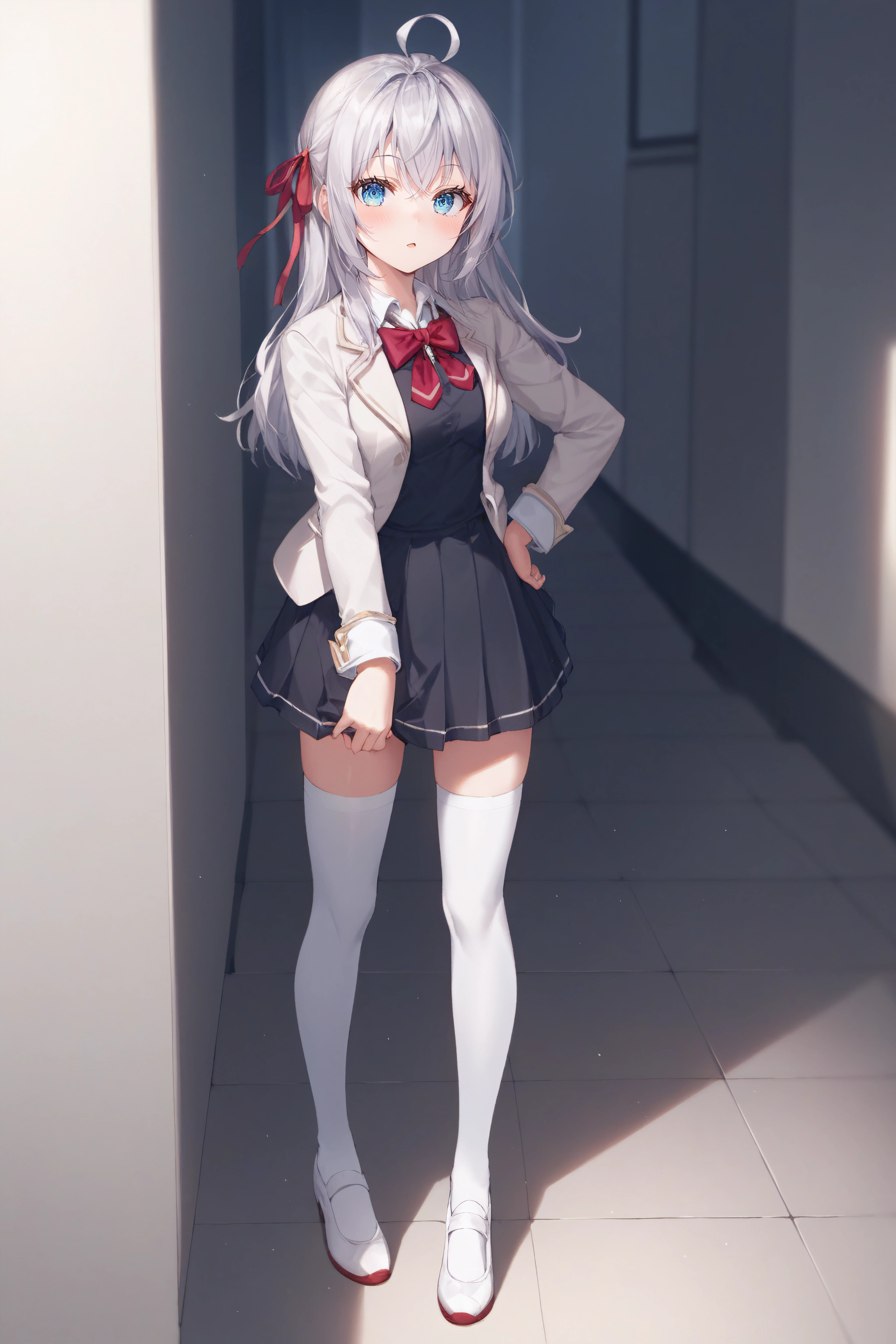 score_9, score_8_up, score_7_up, BREAK source_anime, <lora:alisa mikhailovna kujou-PonyXL:0.8> alisa mikhailovna kujou, blue eyes, silver hair, long hair, red hair ribbon, white shirt, ahoge, white shoes, black vest, school black dress, white thighhighs, short beige blazer, red bowtie, standing,