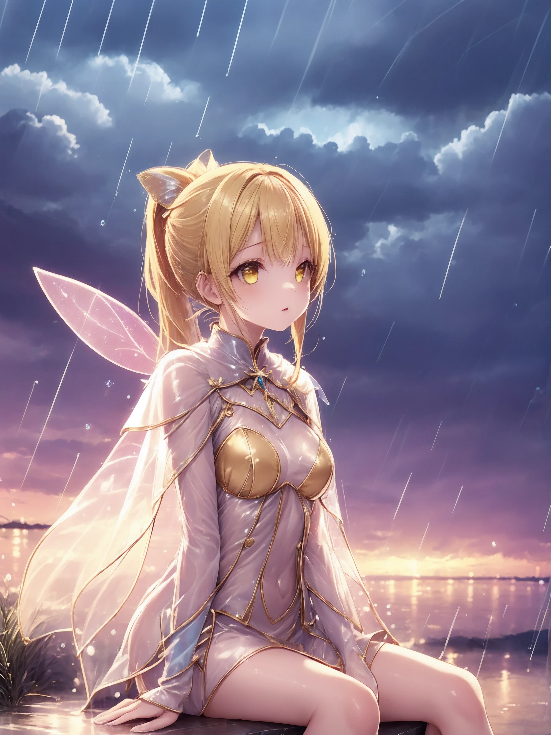 1girl,silver metal outfit,slik,\(see-through cape\)ponytail,blonde hair,sit,detailed fairy wings,rain,cloudy,wdrop