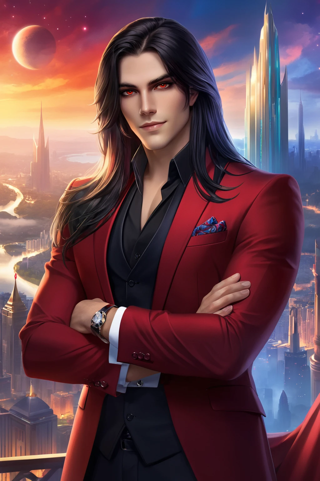 ethereal fantasy concept art of male, black long hair, multicolored hair, red eyes, clothes in male modern suit, crossed arms, macro city view background <lora:livayXL:0.7> livay . magnificent, celestial, ethereal, painterly, epic, majestic, magical, fantasy art, cover art, dreamy