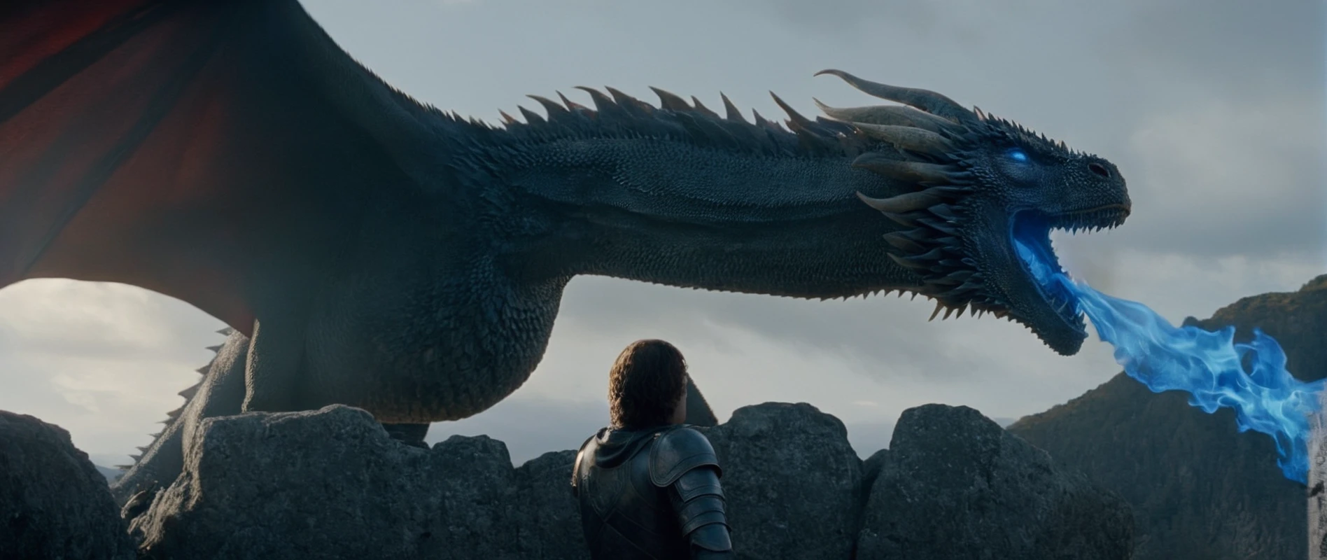 A man looking at a terrifying black dragon (they're both partners btw